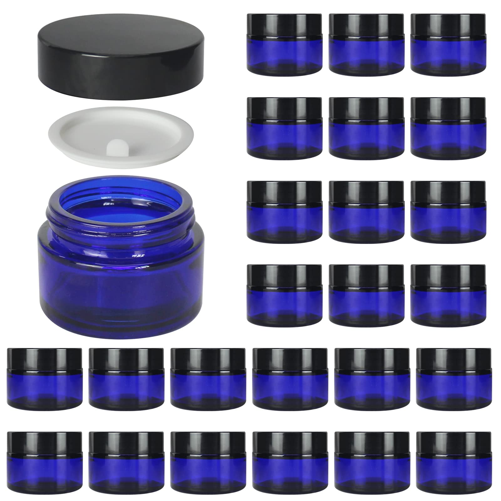 BPFY 24 Pack 1 oz Round Blue Glass Cosmetic Jars with Lids & Liners - Refillable Travel Containers for Ointments, Lotion, Lip Scrub, Makeup, Eyeshadow, Slime & Paint - Perfect for DIY Beauty, Crafts & Home Organization