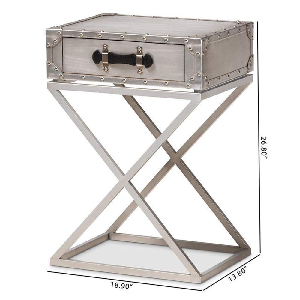 BOWERY HILL French Silver Metal 1-Drawer Nightstand - Elegant Bedside Table for Bedroom Decor | Compact Storage Solution for Small Spaces