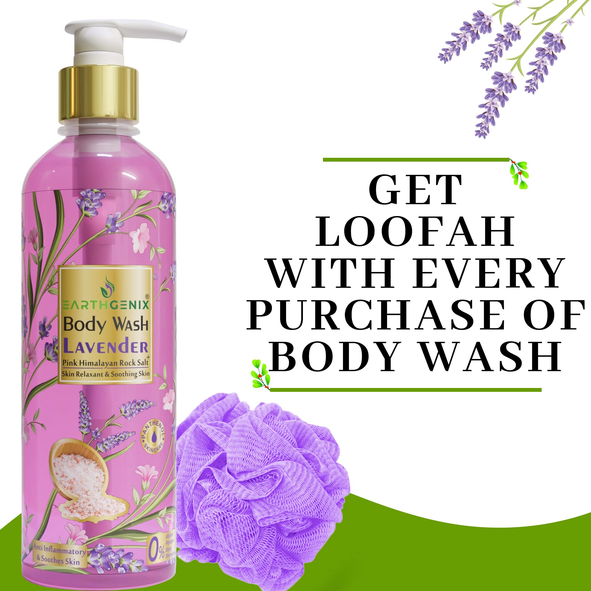 Earthgenix Lavender & Pink Himalayan Salt Body Wash (500ml) - Loofah-Free, Skin Relaxing & Soothing for All Skin Types | Men & Women | Perfect for Stress Relief & Spa-Like Bath Experience