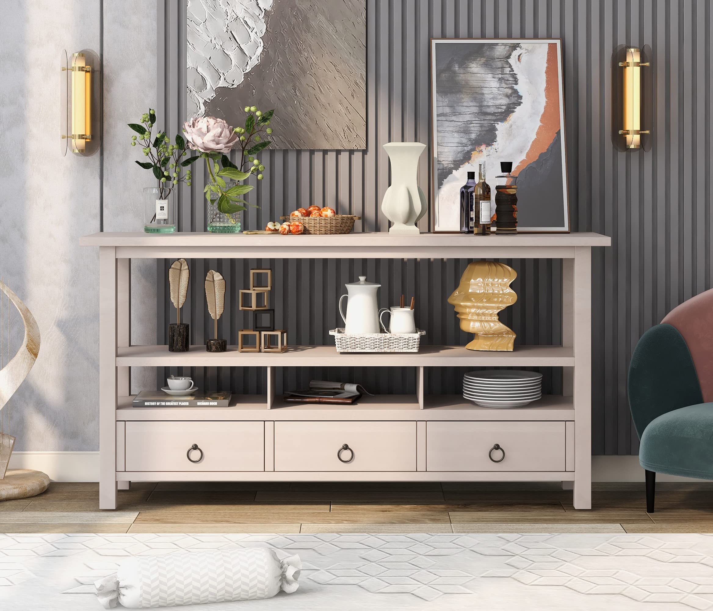 Rustic Solid Wood Console Table with Double-Tier Tabletop & 3 Drawers - Gray Wash Finish for Living Room Entryway, Hallway & Home Decor