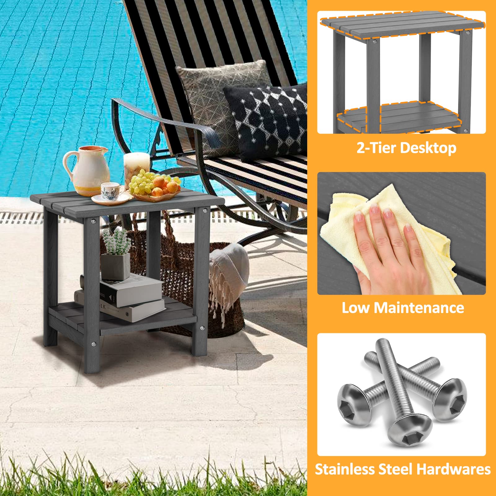 2 Tier Outdoor Side Table with Wood-Like Grain - 16.6
