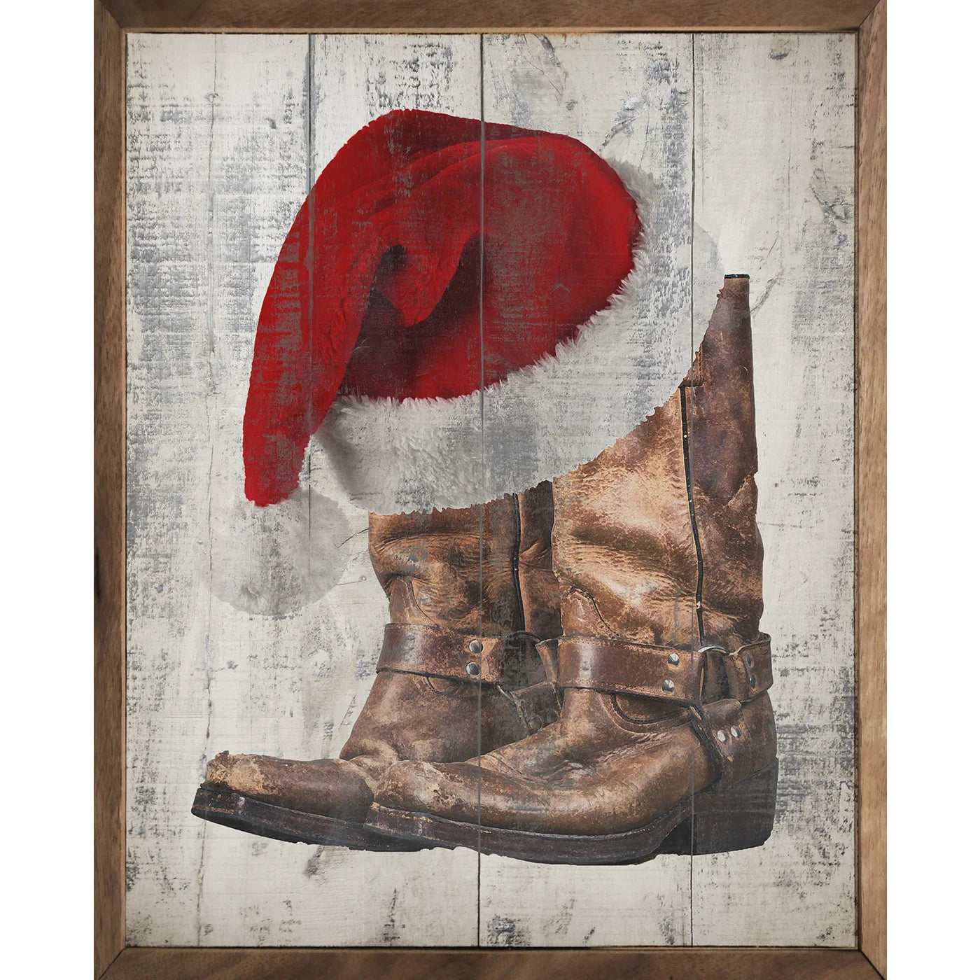 Santa Hat Boots Wood Framed Wall Art Print - Christmas Home Decor for Living Room, Bedroom & Office