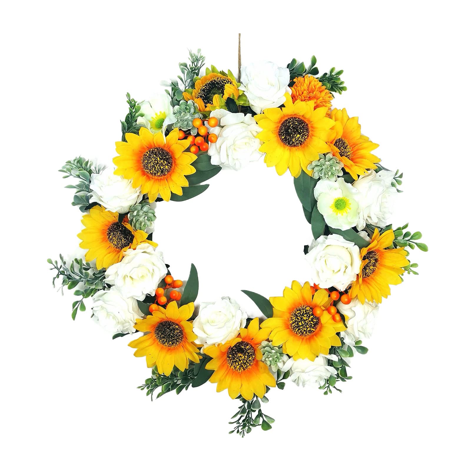 15.7 Inch Artificial Sunflower Wreath for Front Door - Spring Summer Floral Decor with Green Leaves - Home Wall Window Wreath Decorations for Farmhouse, Porch & Wedding Decor