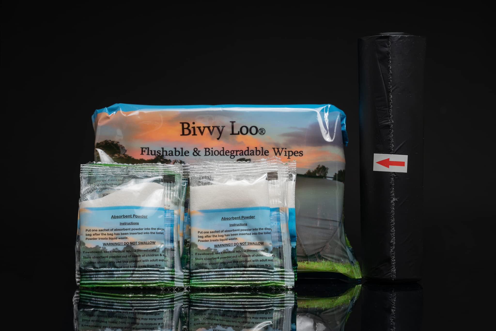 Bivvy Loo - Portable Camping Toilet Liner Bags Kit with 12 Biodegradable Bags, 40 Wipes & 12 Waste Powder Sachets - Emergency & Outdoor Travel Toilet Solution for RV, Hiking, Boating