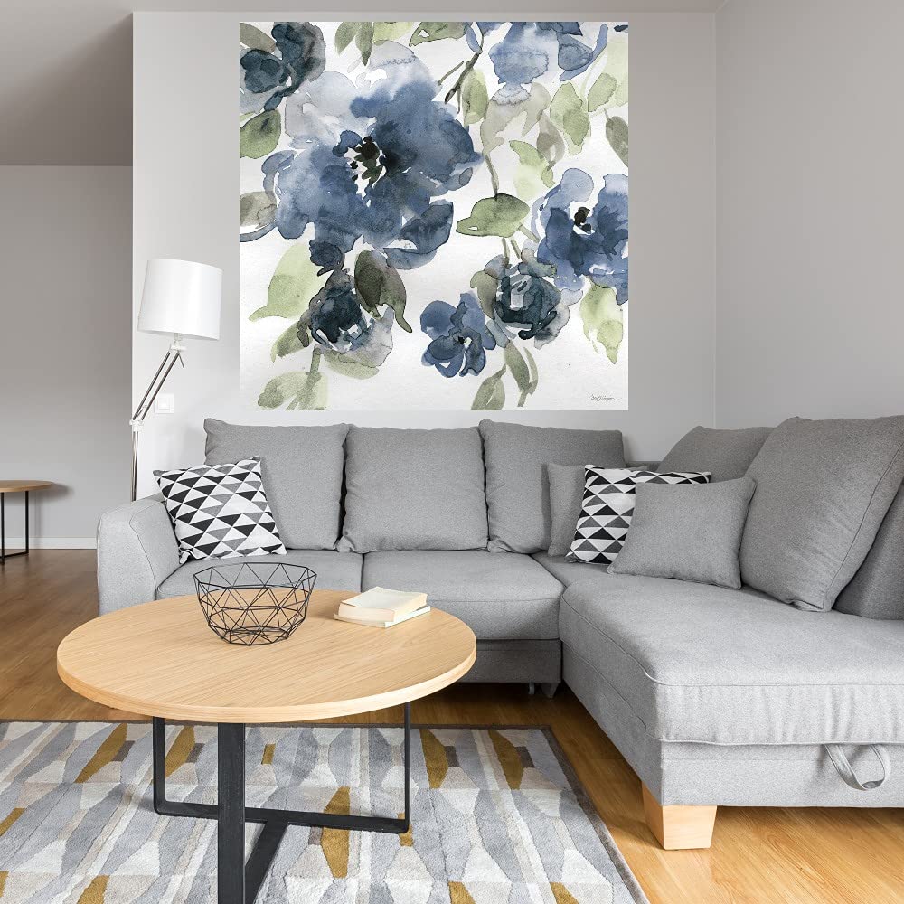 Botanical Wall Art Canvas - Blue Indigo Floral Painting by Carol Robinson | 37x37 Inch Bathroom & Bedroom Decor | Modern Plant-Themed Home Artwork for Living Spaces