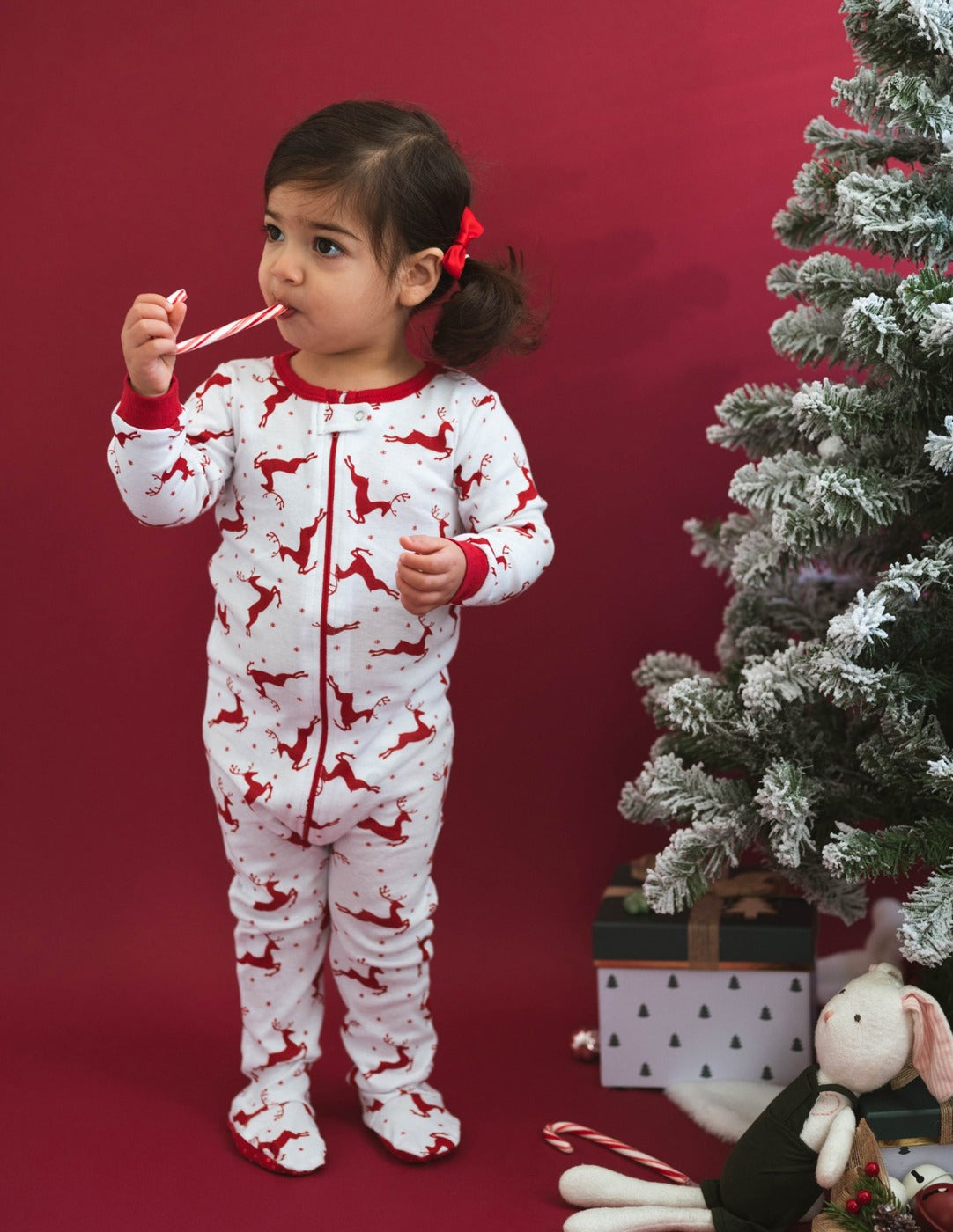 Kids' Footed Cotton Reindeer Pajamas Set - Red & White Christmas Themed Sleepwear for Boys & Girls | Cozy Holiday Pajamas for Family Matching, Christmas Eve, Winter Sleepovers & Festive Photoshoots