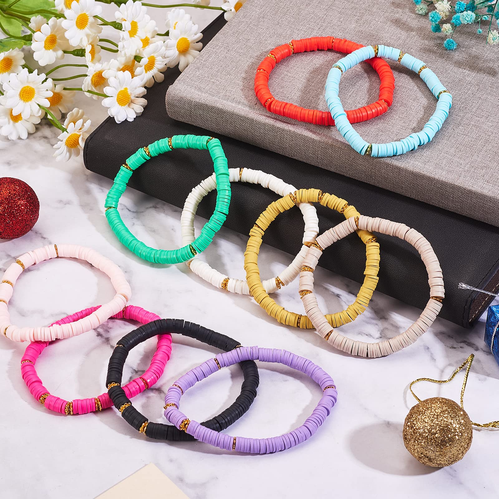 Ornaland 10 Pcs 10 Colors Heishi Surfer Stretch Bracelet Set - Polymer Clay Beaded Bohemian Jewelry for Women - Perfect for Summer, Beach, Festival & Boho Fashion Accessories