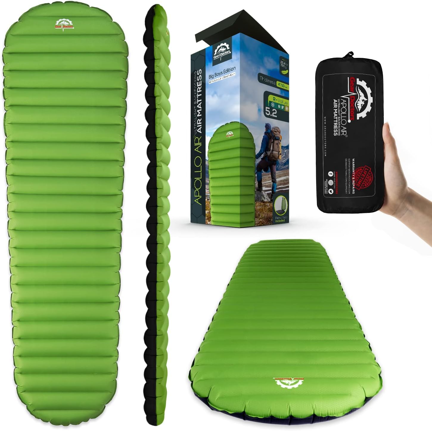 Gear Doctors® Ultralight Inflatable Sleeping Pad for Camping & Backpacking - 25oz Portable Camping Mat with 5.2 R-Value - Large Size for Comfortable Outdoor Sleeping - Perfect for Hiking, Backpacking and Camping Trips