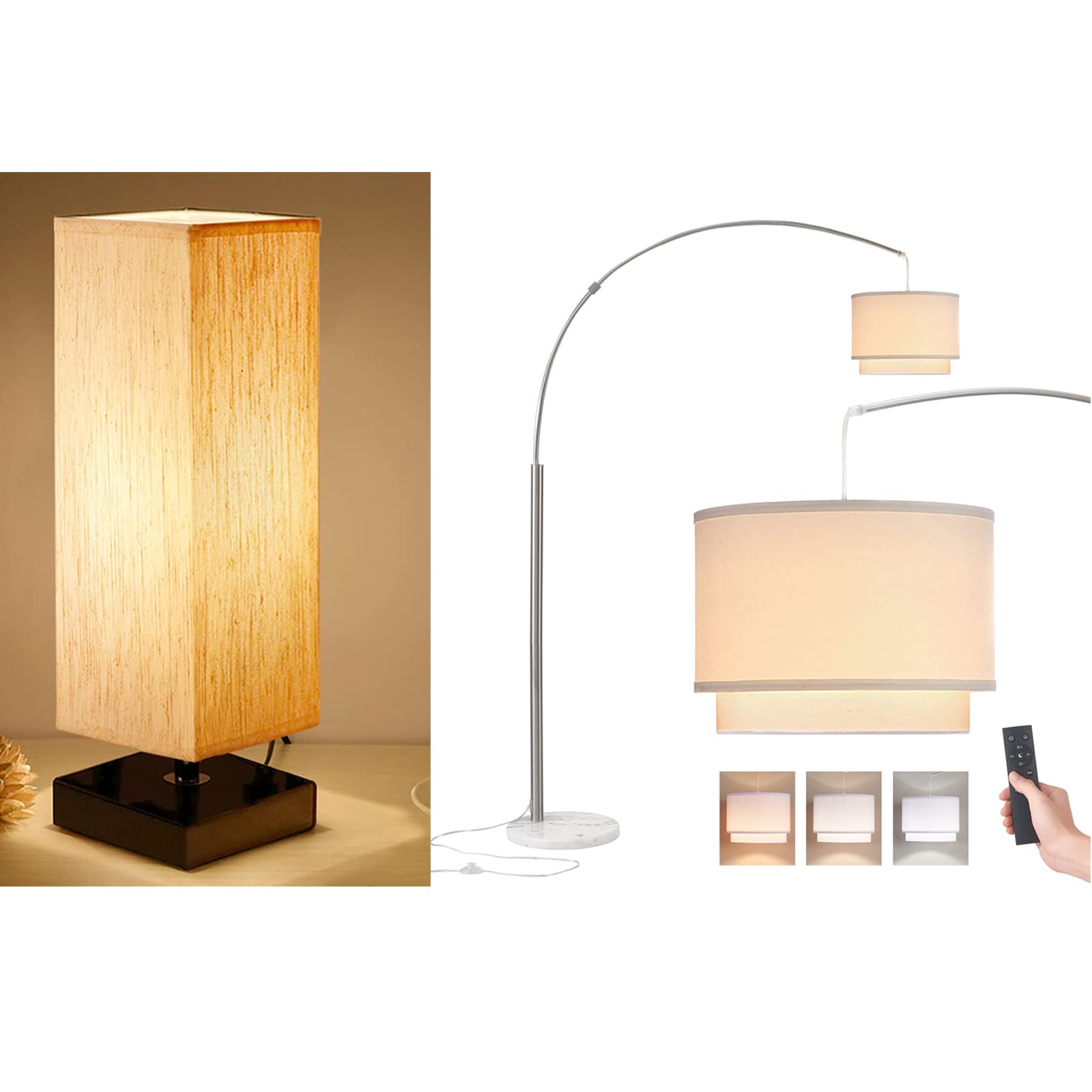 Modern Small Bedside Table Lamp & Adjustable Arc Floor Lamp for Living Room, Bedroom, Office - Warm White LED Lighting for Reading, Relaxing & Decor