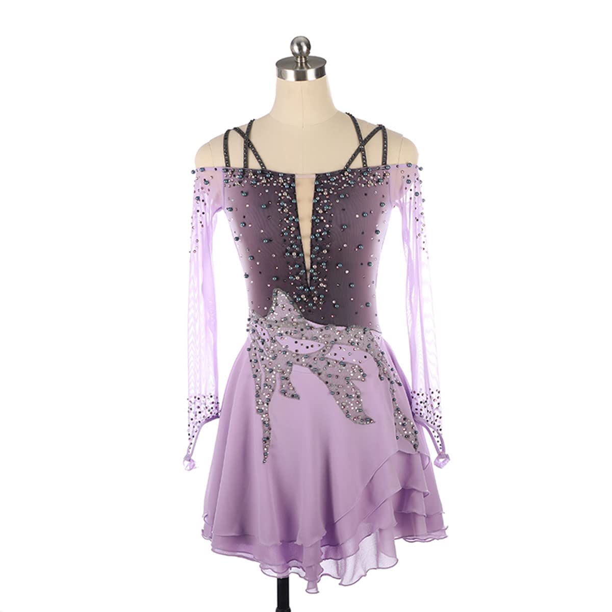 Elegant Long Sleeve Figure Skating Dress for Women - Sparkling Rhinestone Ice Dance Costume & Gymnastics Leotard | Perfect for Winter Sports, Ice Shows, and Competition Performances