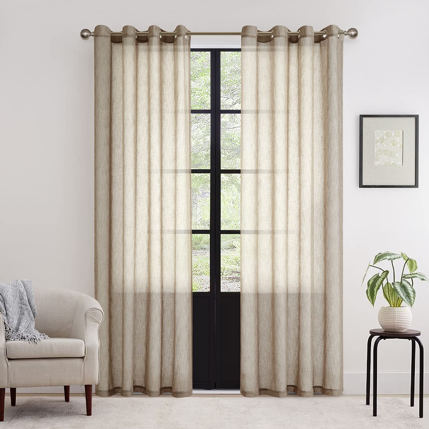 LOYOLADY 96 Inch Burlap Linen Curtains - Semi Sheer Window Drapes for Bedroom & Living Room (100