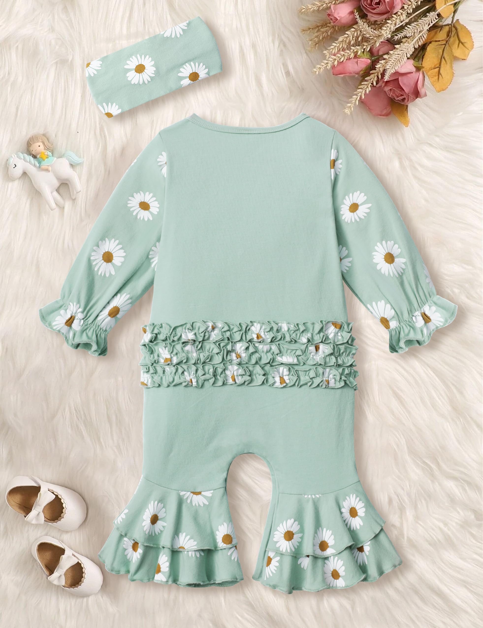 Newborn Girl Clothes - Ruffle Letter Print Romper & Bell Bottom Jumpsuit with Headband Hat | Boho Baby Outfit for Photoshoot, Party & Daily Wear
