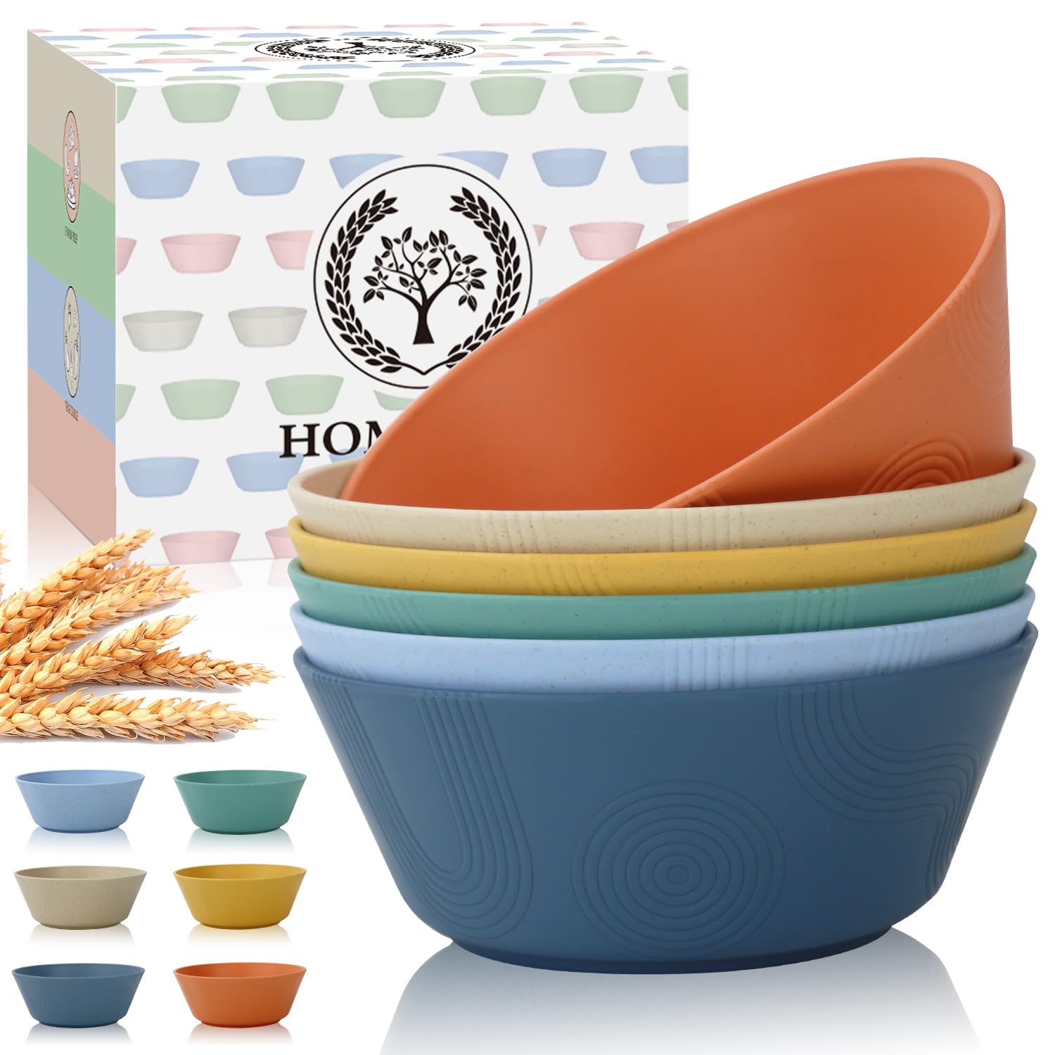 Eco-Friendly Wheat Straw Bowls Set of 6 - 36oz Microwave & Dishwasher Safe Cereal/Soup Bowls with Textured Design - BPA-Free Alternative to Plastic Bowls for Salad, Soup, Pasta - Perfect for Family Dinners, Picnics & Meal Prep