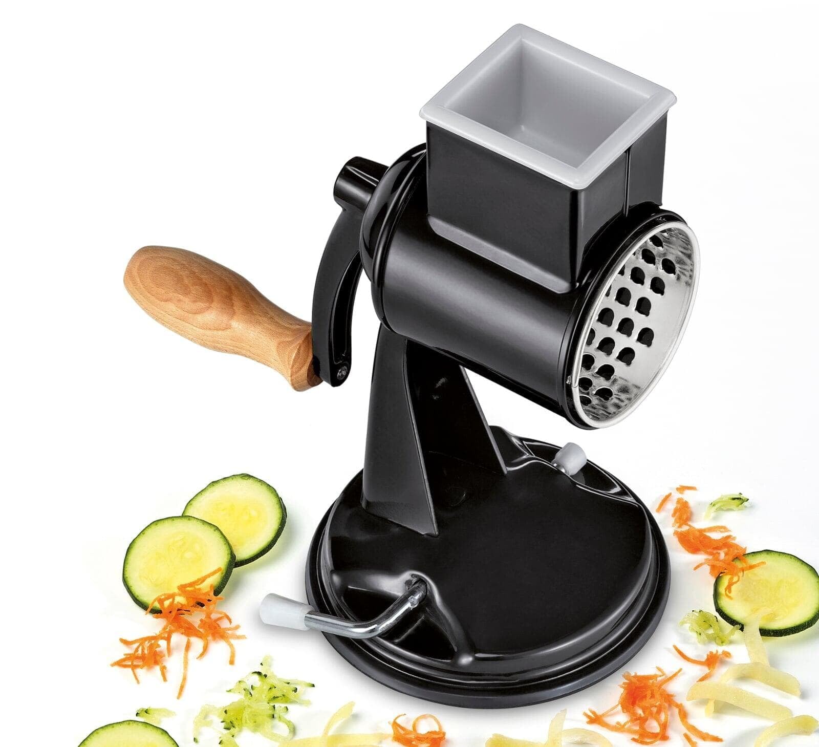 Zassenhaus Classic Manual Kitchen Grater - Stainless Steel Drum Grater with Beech Wood Handle, Black Painted Metal & Suction Base - Includes 2 Grating Drums & Pestle - Perfect for Grating Cheese, Slicing Vegetables & Food Prep - Ideal for Home Kitchens & Professional Use