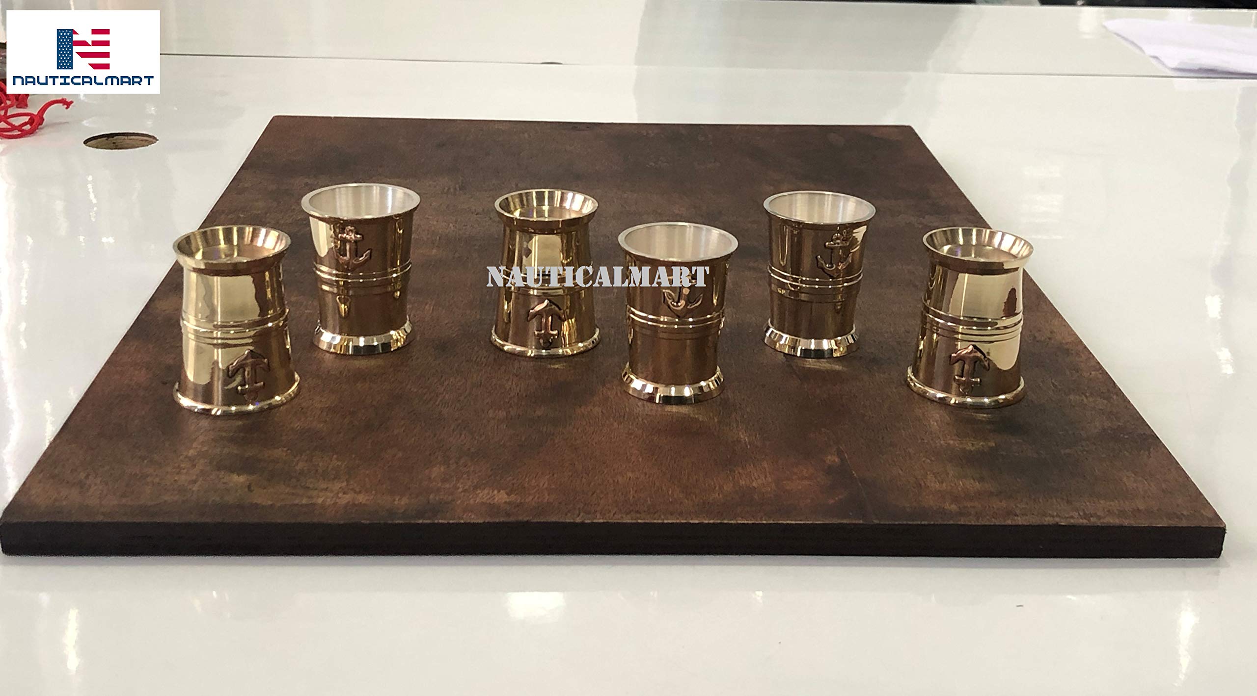 Premium Brass Tequila Shot Glasses Set of 6 with Anchor Engraving - Handcrafted Wooden Gift Box - Perfect for Nautical Themed Parties, Bachelor Celebrations & Home Bar Decor