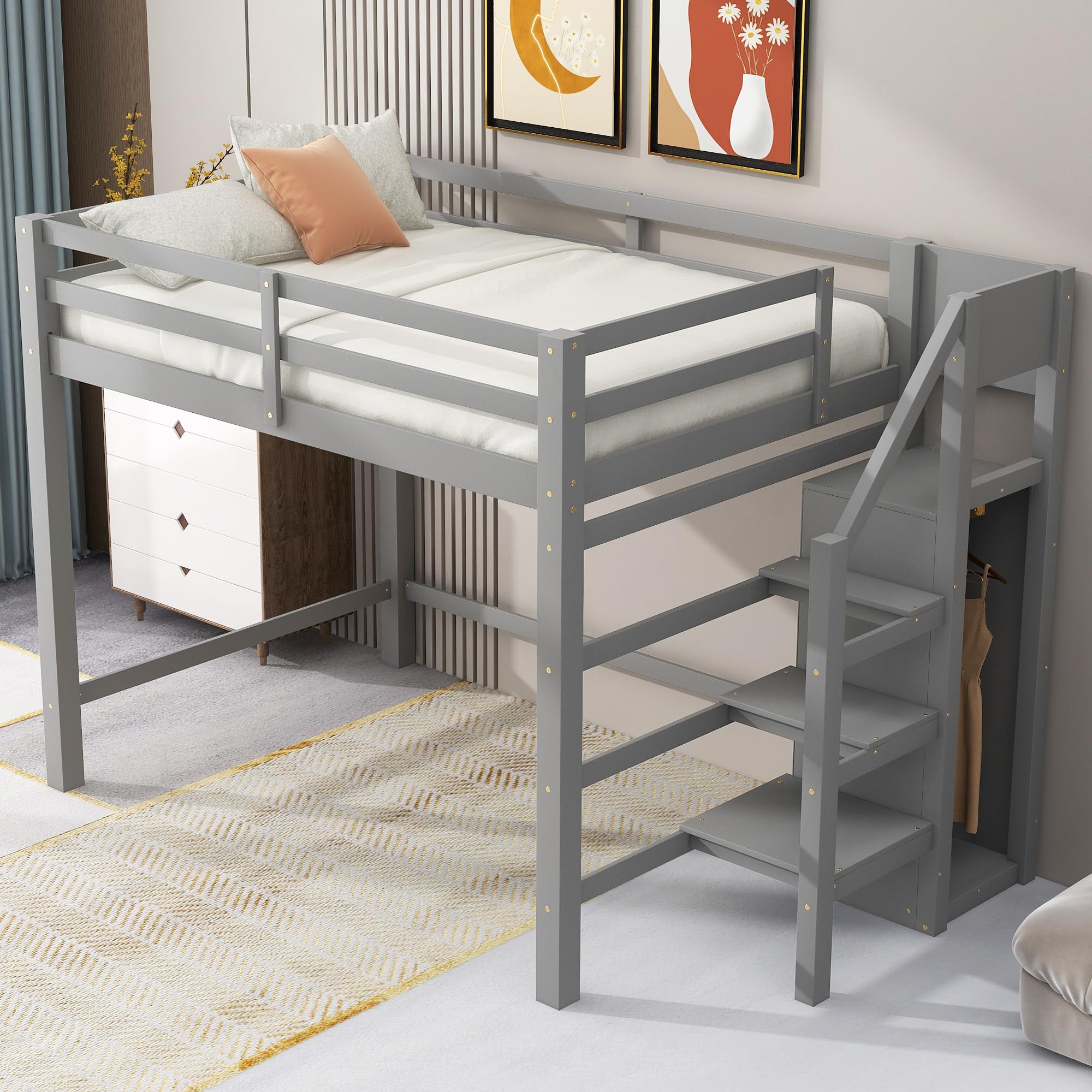 Polibi Full Size Wooden Loft Bed with Built-in Wardrobe & Staircase - Space Saving Storage Bed Frame with Guardrails, No Box Spring Needed, Grey - Perfect for Kids Rooms, Dormitories & Small Apartments