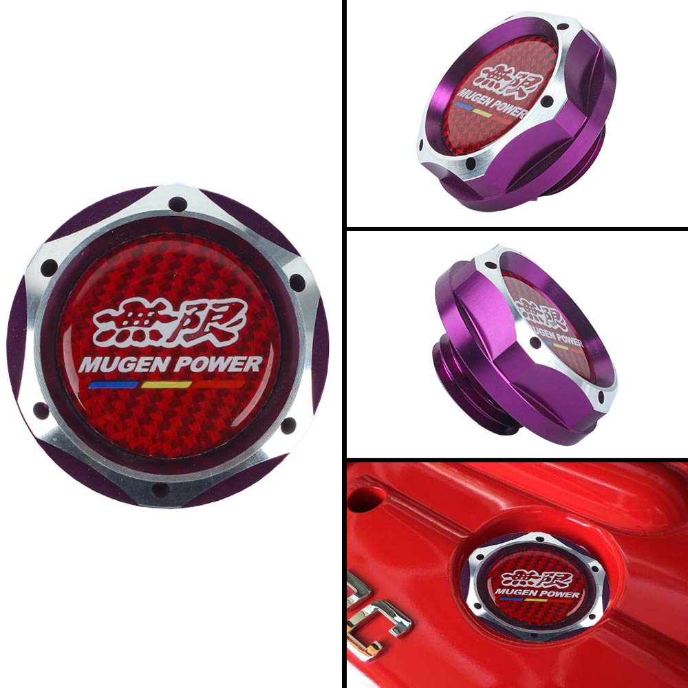High-Performance RED CARBON MUGEN Racing PURPLE Aluminum Engine Oil Filler Cap - Universal Oil Tank Cover for Honda, Acura, Toyota - Upgrade Your Car's Engine Bay Style (Racing, Car Shows, Daily Driving)