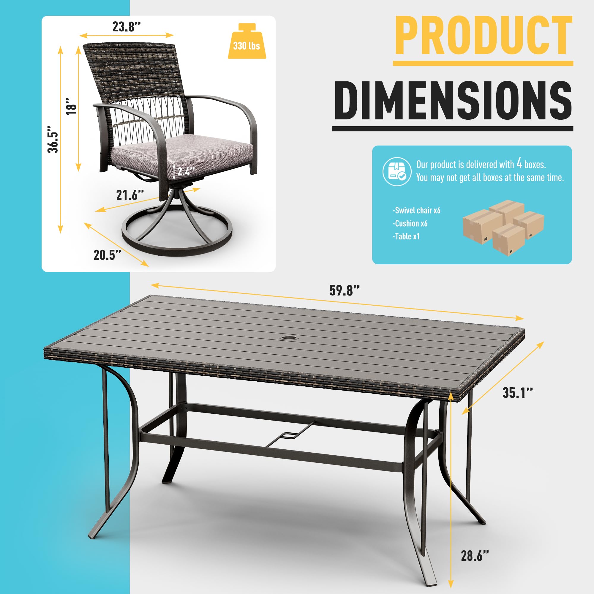 **Pamapic 7-Piece Outdoor Dining Set for 6 - Wicker Patio Furniture with Iron Table & Swivel Rocking Chairs - Includes 6 Removable Cushions (Gray) - Perfect for Backyard, Garden, Deck & Poolside Dining**