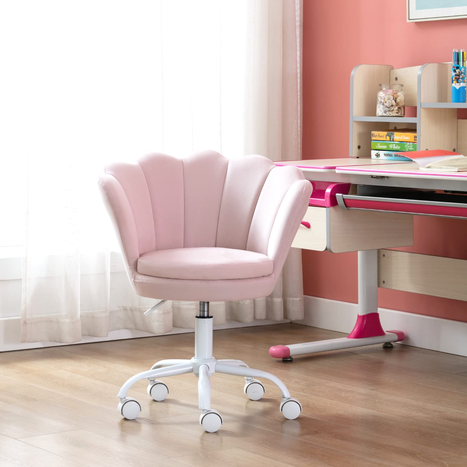 PDTXCLS Velvet Kids Desk Chair - Adjustable Swivel Task Chair for Girls, Light Pink - Perfect for Bedroom, Study Room, Makeup Vanity & Computer Desk