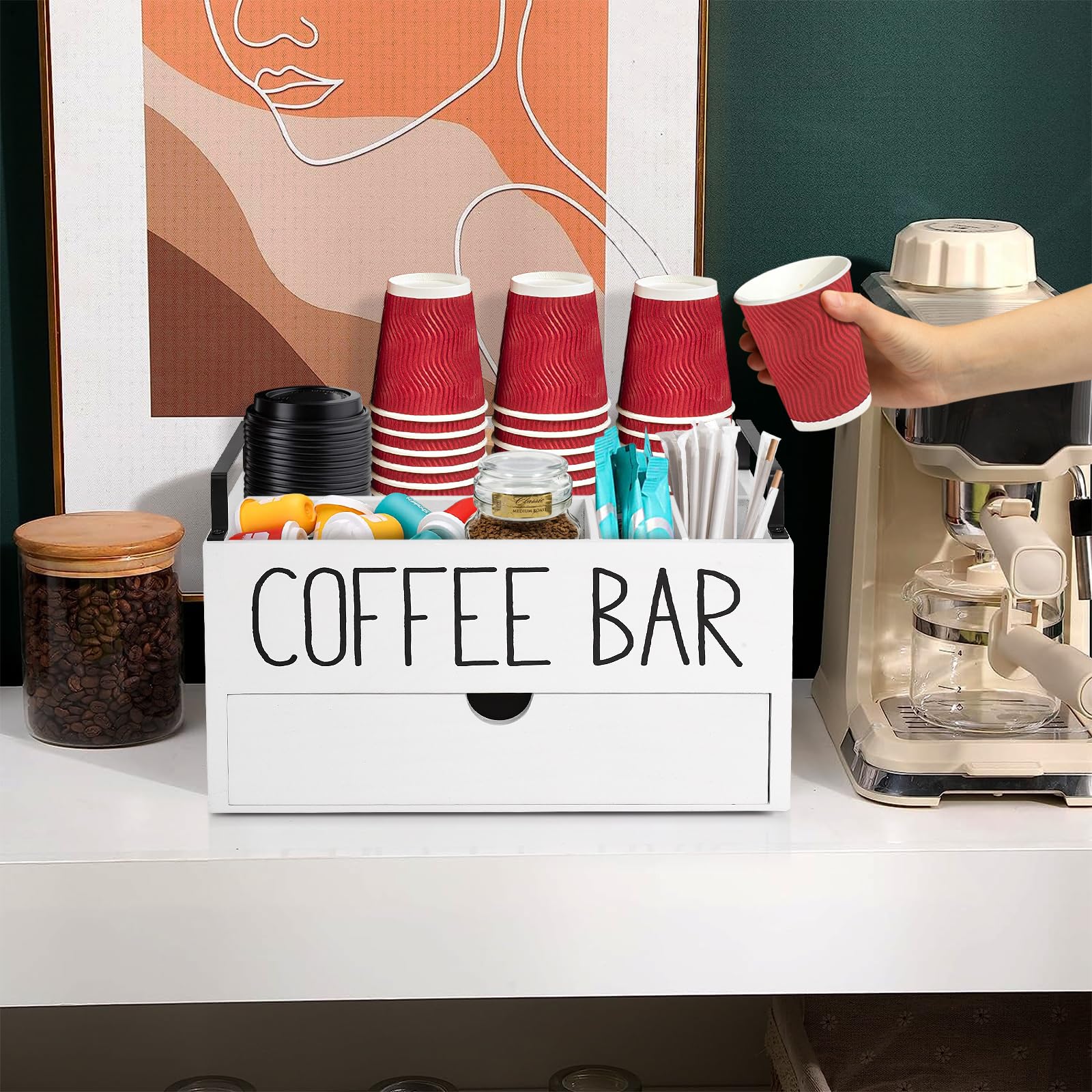 Wooden Coffee Station Organizer with Drawer - Farmhouse Style K-Cup Pod Holder & Storage Box with Handle - Perfect for Coffee Bar Decor & Kitchen Counter Organization - Ideal for Home, Office, or Cafe Use