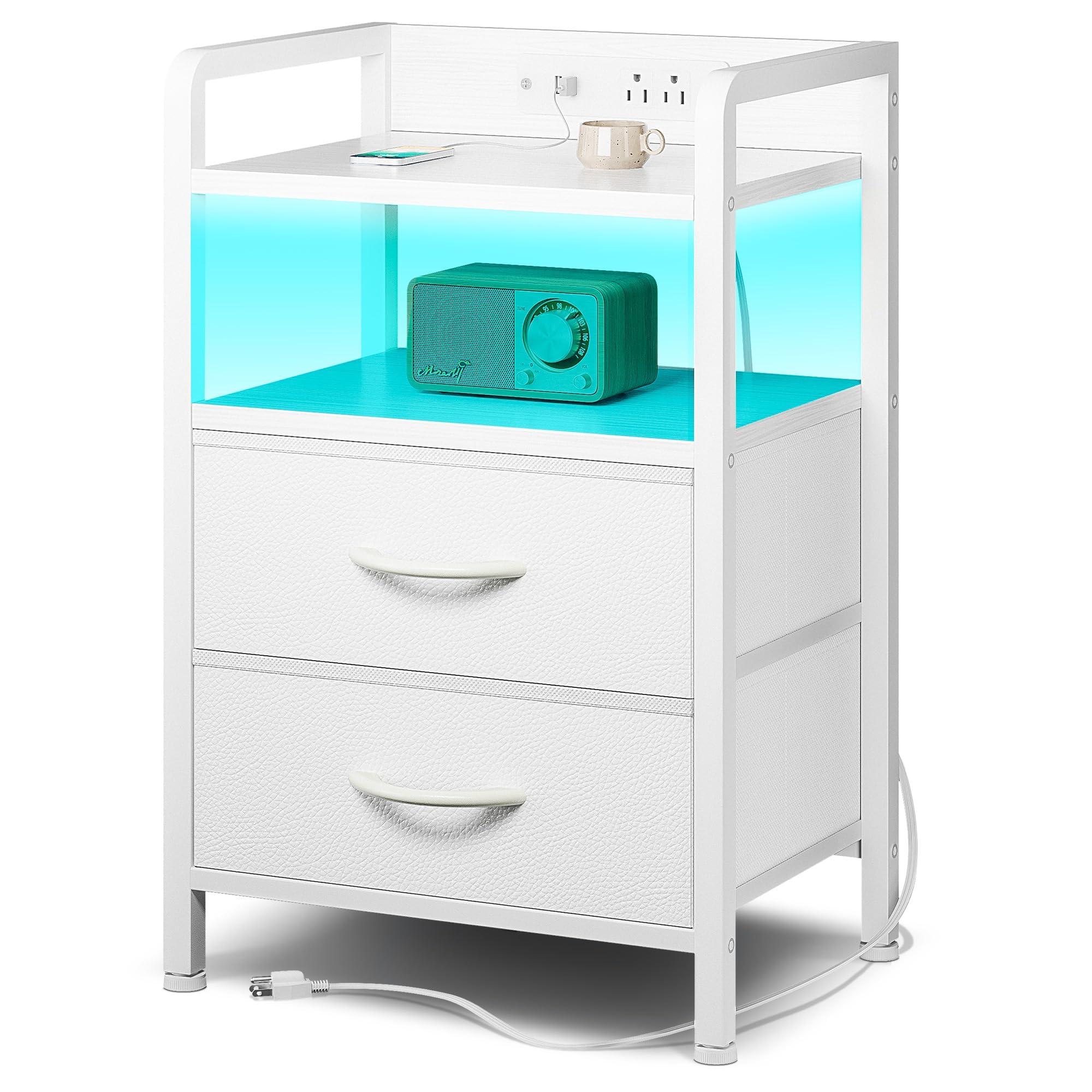 Modern White Nightstand with Charging Station, USB Ports & AC Outlets - Bedside Table with LED Light Strip, Storage Shelf & 2 Fabric Drawers for Bedroom - Perfect for Small Spaces, Apartment Living & Guest Rooms