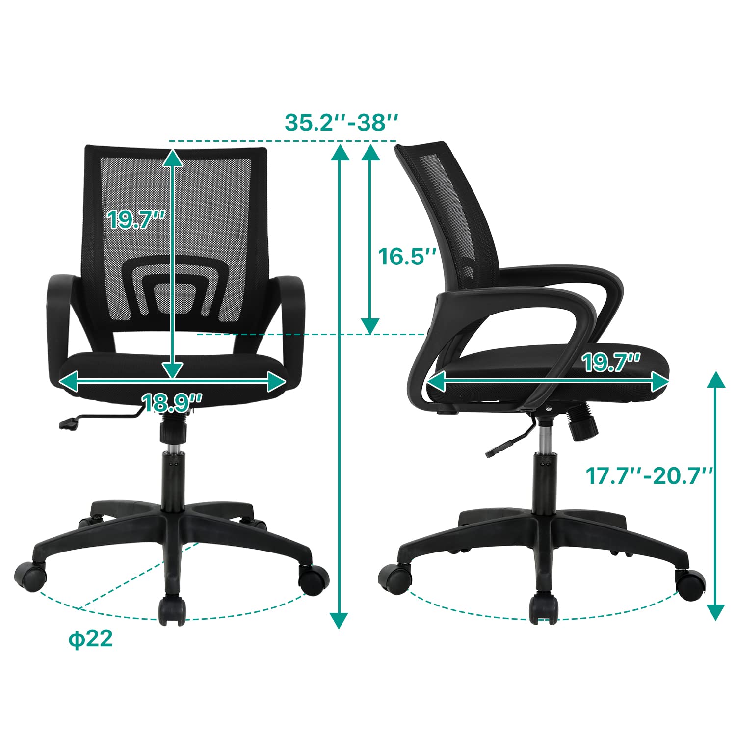 Ergonomic Office Chair with Lumbar Support - Adjustable Mid-Back Mesh Computer Chair with Armrests & Swivel Wheels for Home Office - Perfect for Long Work Hours & Video Conferencing, Black