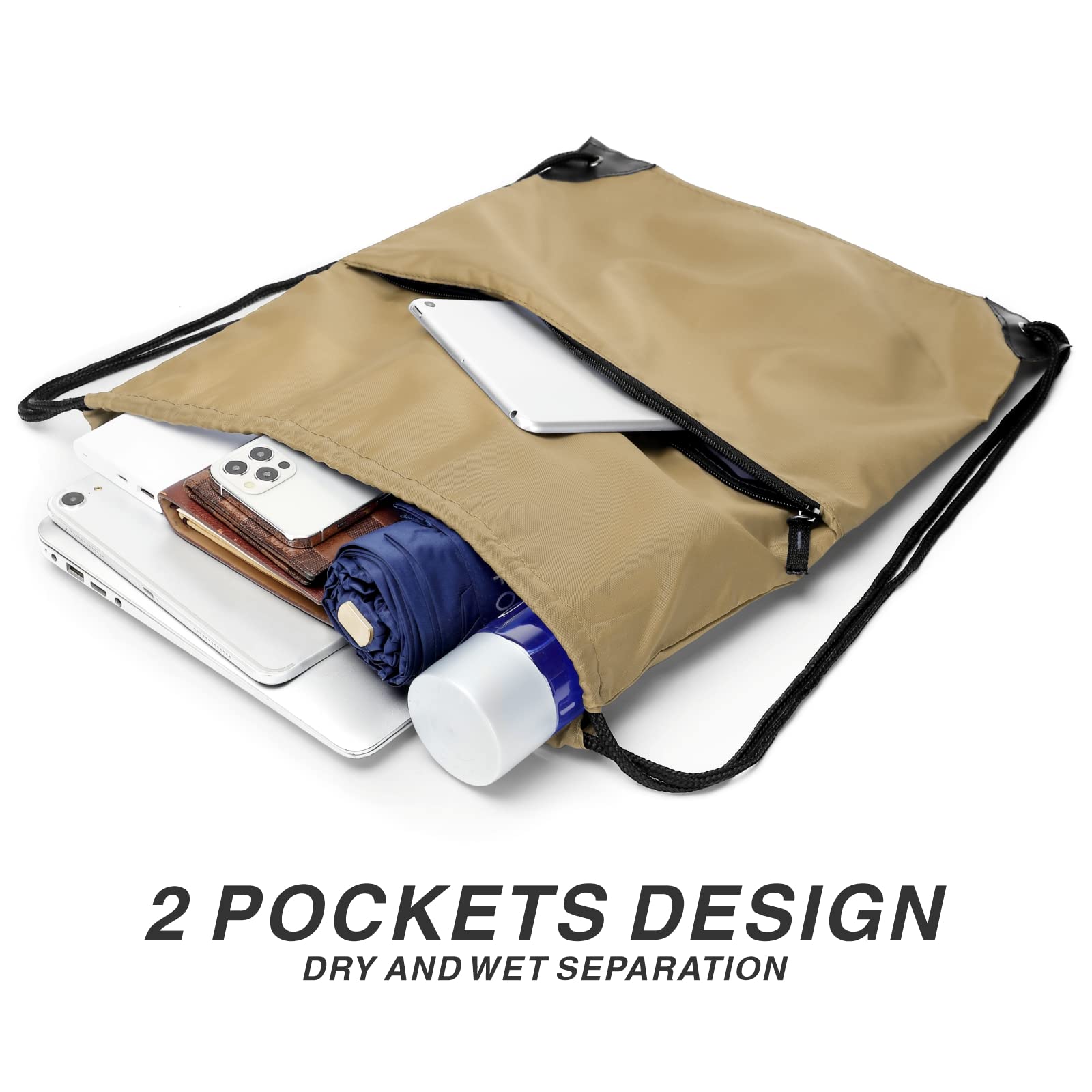 Lightweight 210D Nylon Drawstring Backpack with Zipper Side Pocket - Foldable Gym Sack for Men & Women - Perfect for Sports, Travel & School (Khaki)