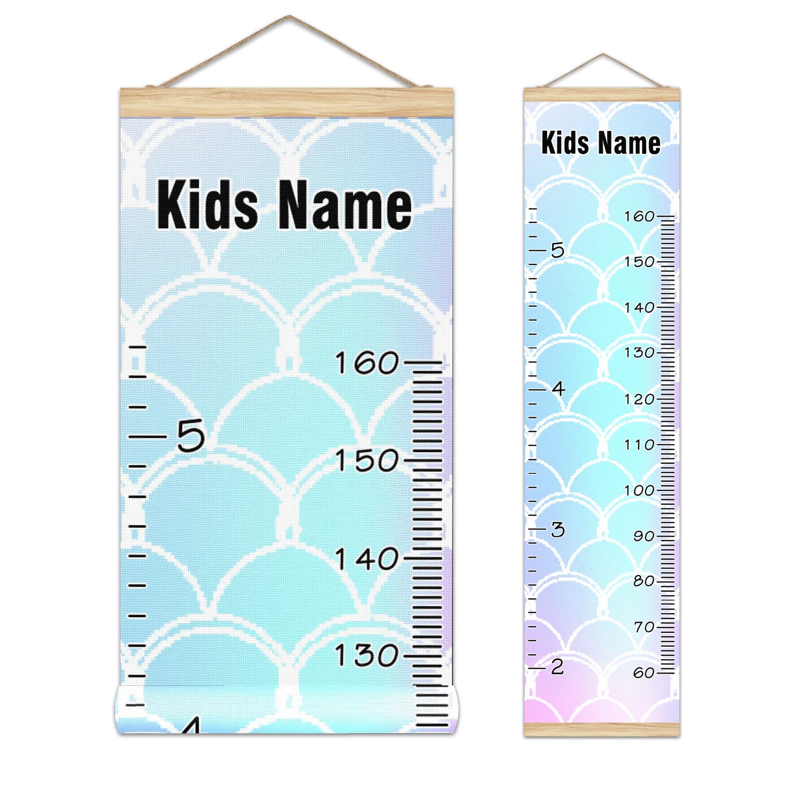 Personalized Kids Name Growth Chart Ruler - Wood Frame Wall Height Measure 13.4x56 inches - Linen Hanging Growth Tracker for Nursery & Kids Room Decor - Rainbow Mermaid Theme for Baby & Toddler Development Tracking