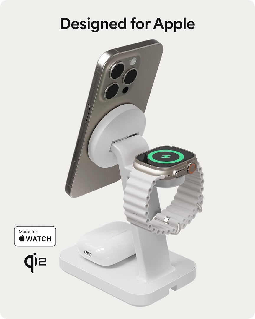 Mophie 3-in-1 Wireless Charging Station with Qi2 Fast Charging - White | Perfect for iPhone, AirPods & Apple Watch Charging at Home, Office or Nightstand