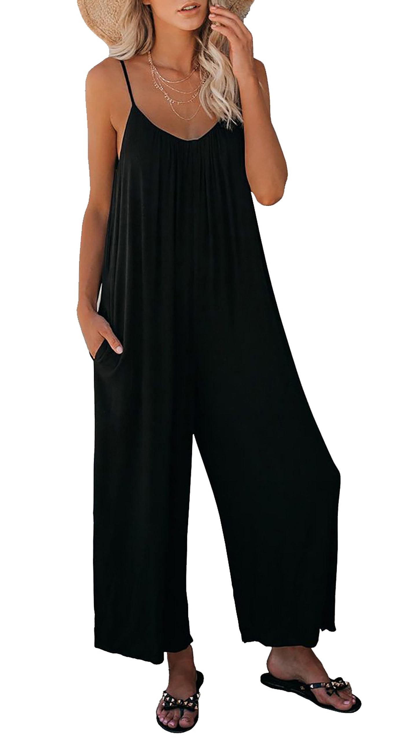 Women's Sleeveless Spaghetti Strap Wide Leg Jumpsuit Romper with Pockets - Casual Summer One Piece Outfit for Beach, Vacation & Outdoor Activities