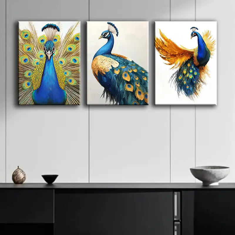 3-Piece Peacock Metal Wall Art - Ready to Hang Home Decor for Living Room, Bedroom & Office - Vibrant Peacock Feather Design - Modern Metal Print Wall Decor for Gifts & Interior Design