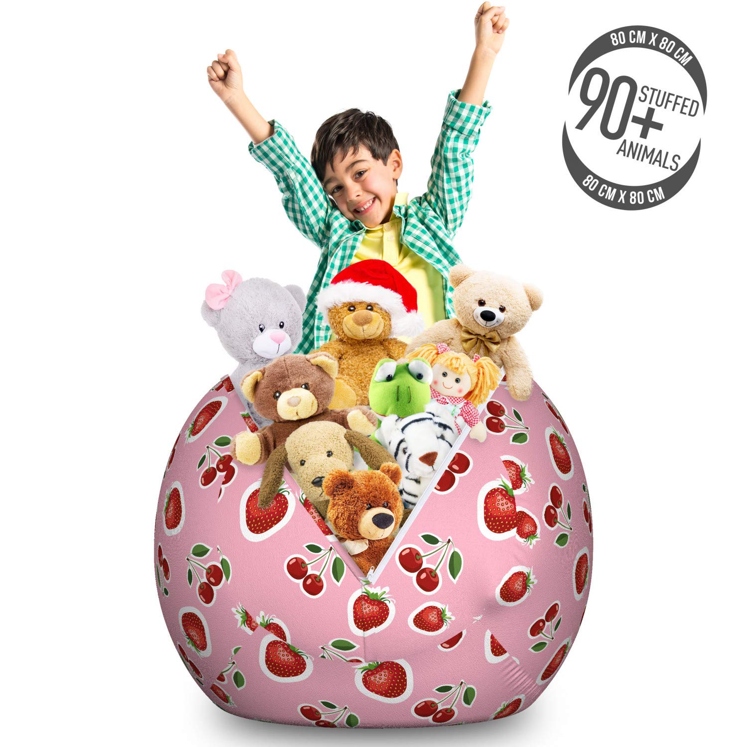 Ambesonne Fruit Storage Toy Bag Chair - Large Washable Stuffed Animal Organizer with Strawberry & Cherry Digital Print - Pale Pink & Fern Green - Perfect for Kids' Room, Playroom & Nursery Organization