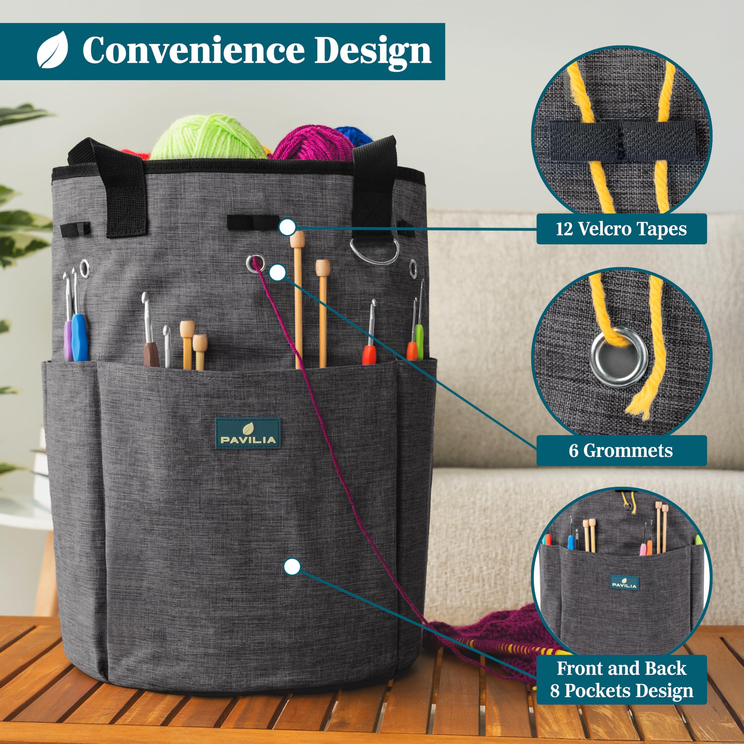 PAVILIA Crochet Knitting Bag Organizer with Grommets - Portable Yarn Storage Tote for Crafters & Knitters (Charcoal Gray) - Perfect Gift for Crochet Lovers