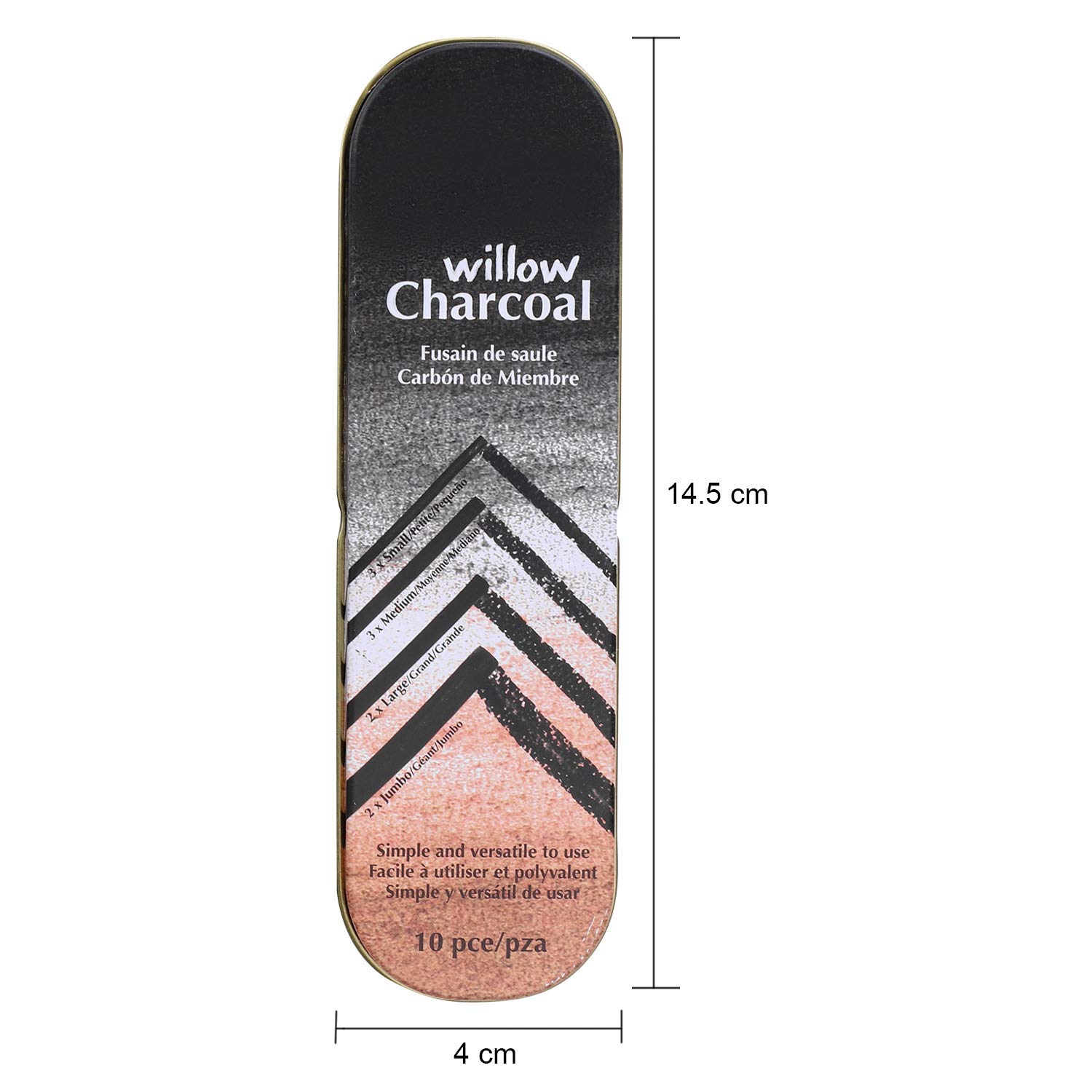 Premium Willow Sketch Charcoal Sticks - 10-Pack Black Charcoal Pencils for Artists, Students & Beginners - 4 Sizes (4.5-9mm) for Drawing, Sketching, Shading & Blending - Perfect for Portraits, Still Life & Figure Drawing - Comes in Durable Metal Case