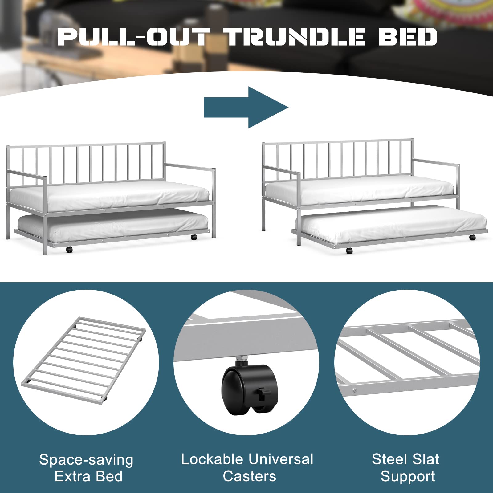 KOMFOTT Twin Daybed with Trundle - Sturdy Metal Bed Frame Set with Wheels & Slat Support, No Box Spring Needed - Perfect Sofa Bed for Living Room, Guest Room & Small Spaces (Space-Saving Design for Overnight Guests & Multi-Functional Use)
