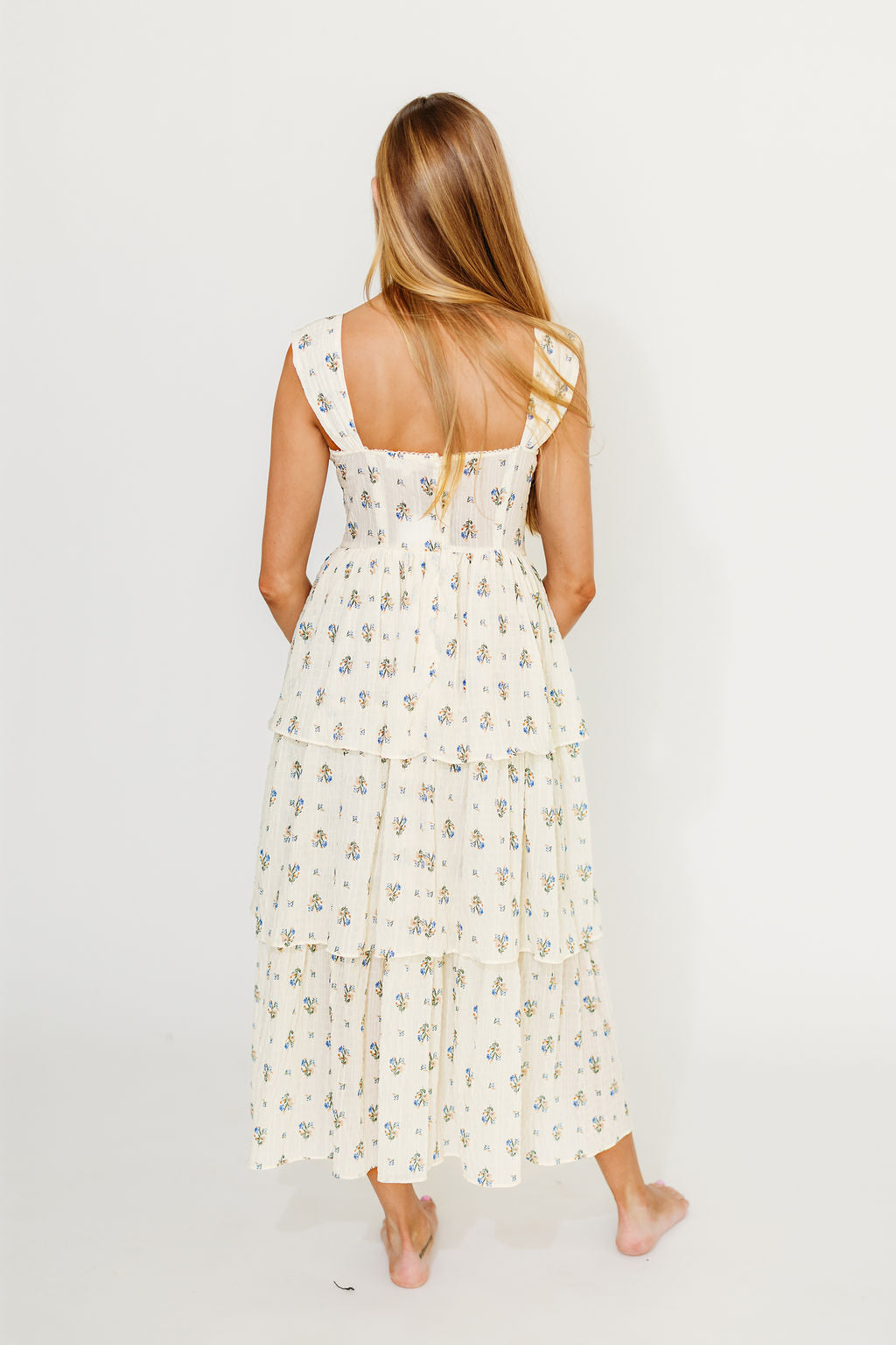 Floral Print Marjorie Bustier Ruffle Layered Maxi Dress - Cream & Blue Summer Beach Wedding Guest Dress for Women
