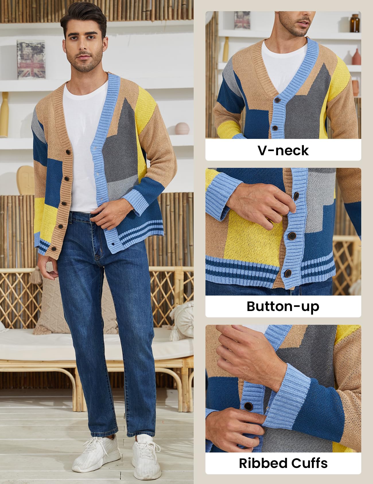Arssm Men's Knitted Cardigan Sweater - Long Sleeve V-Neck Button Down Casual Cardigan for Office, Date & Fall Layering