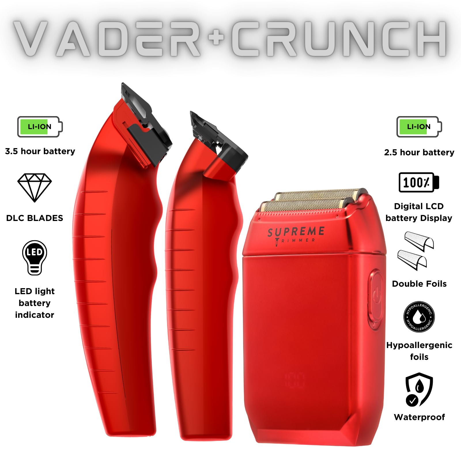 Professional 3-in-1 Men's Beard Trimmer Kit - Vader Clipper, Vader Trimmer & Crunch Foil Shaver | Supreme Barber Set with Brushless Motor & IPX6 Waterproof Design | Perfect for Home Grooming, Travel & Professional Use | Red