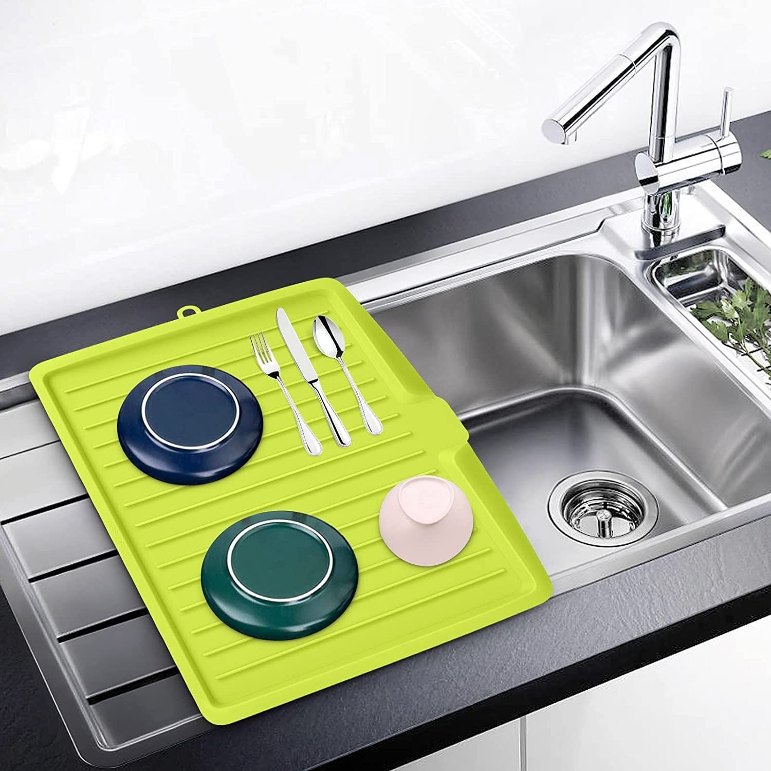 Leeonz Large Plastic Dish Drainer - Green Sink Drying Rack for Kitchen Organization & Space Saving