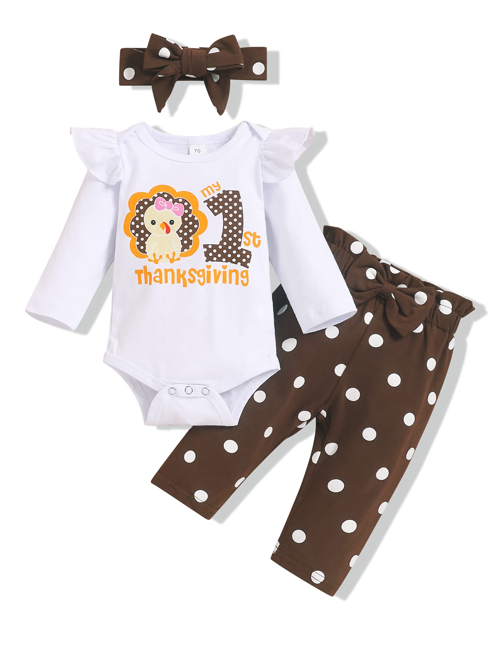 My First Thanksgiving Outfit Set for Baby Girls - Romper, Polka Dot Pants & Headband | Adorable Holiday Outfit for Family Gatherings & Photo Shoots