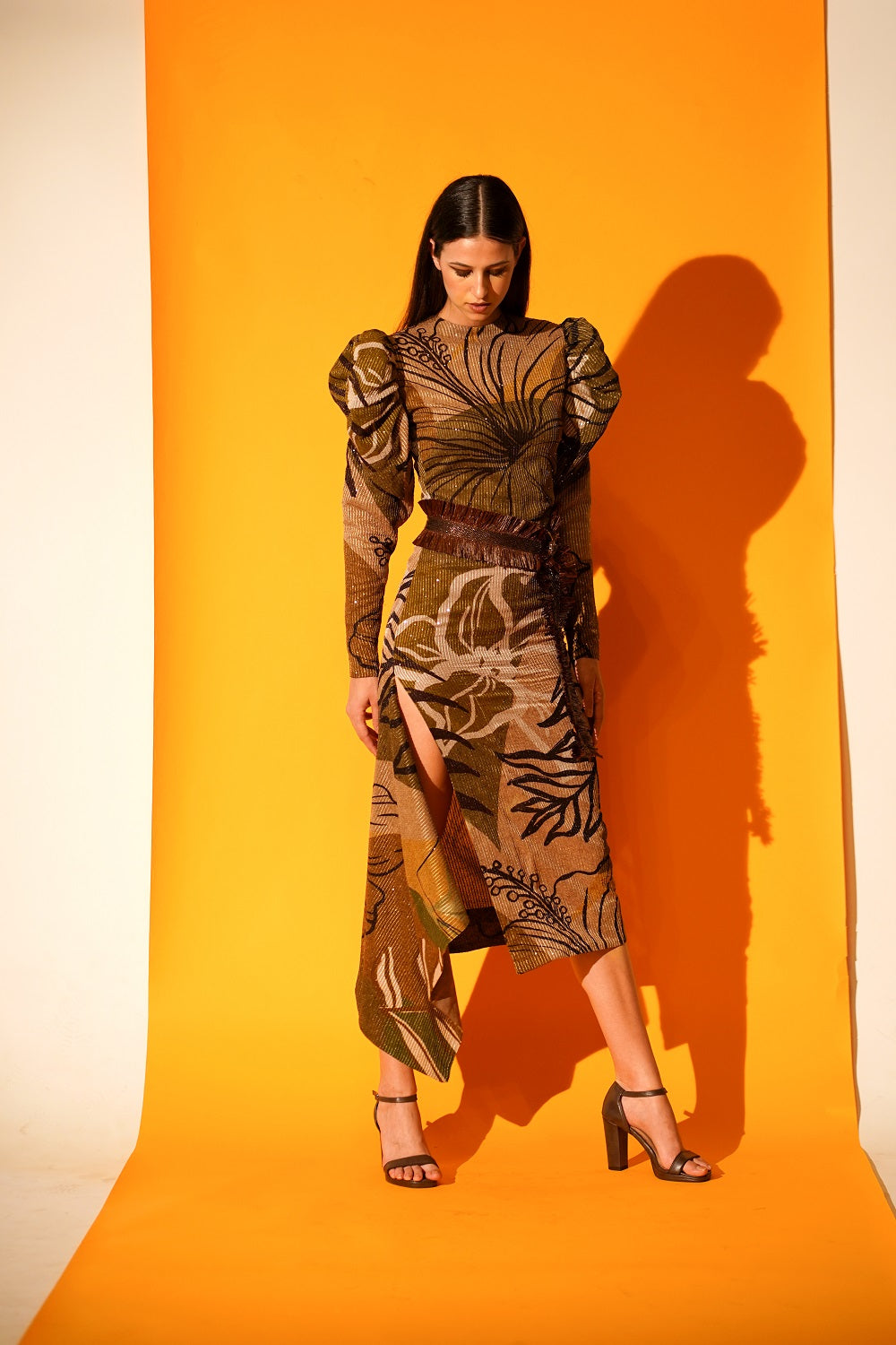 Tropical Brown Mutton Sleeve Slit Dress - Women's Elegant Summer Maxi Dress for Beach Vacation & Party Wear