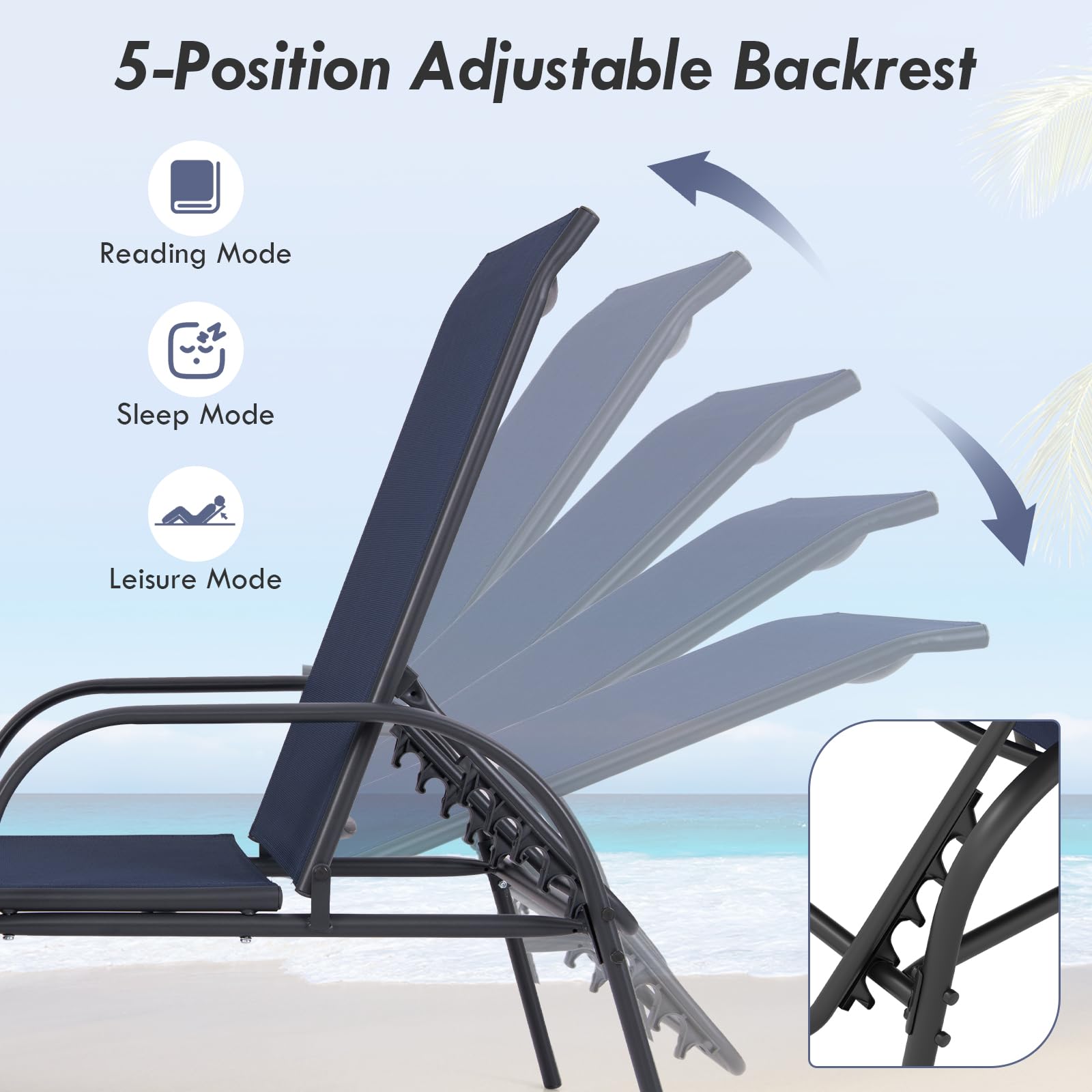 Giantex 2 Pack Adjustable Patio Lounge Chairs - Heavy Duty Steel Frame Outdoor Chaise Lounge with 5-Position Backrest - Perfect for Sunbathing, Beach, Poolside, Backyard & Balcony Relaxation - Navy Blue