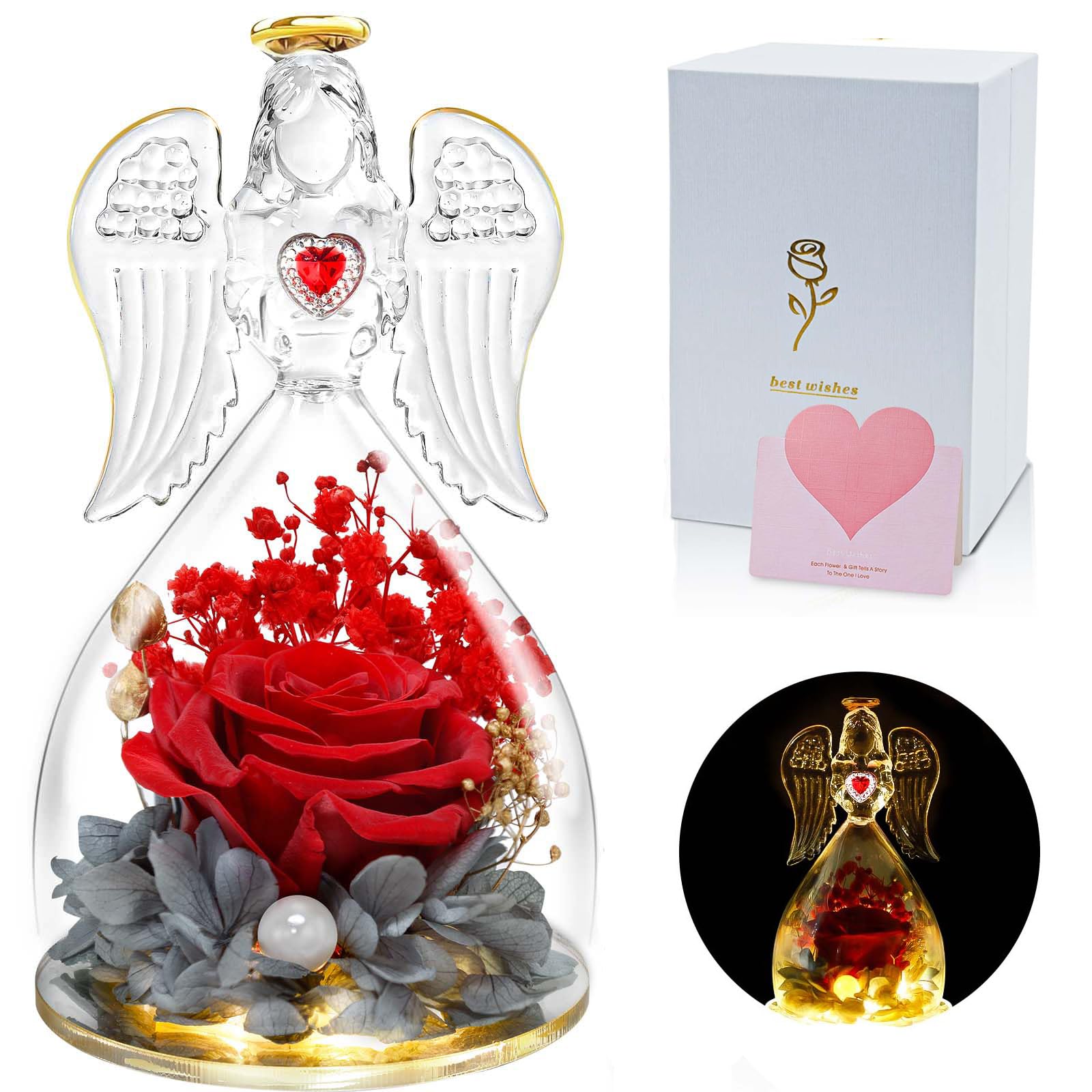 Real Rose Preserved in Glass Angel Figurine - Eternal Flower Gift for Mother's Day, Birthday, Anniversary - Perfect Present for Mom, Grandma, Wife from Daughter (Red) | Home Decor, Wedding Centerpiece, Keepsake Display