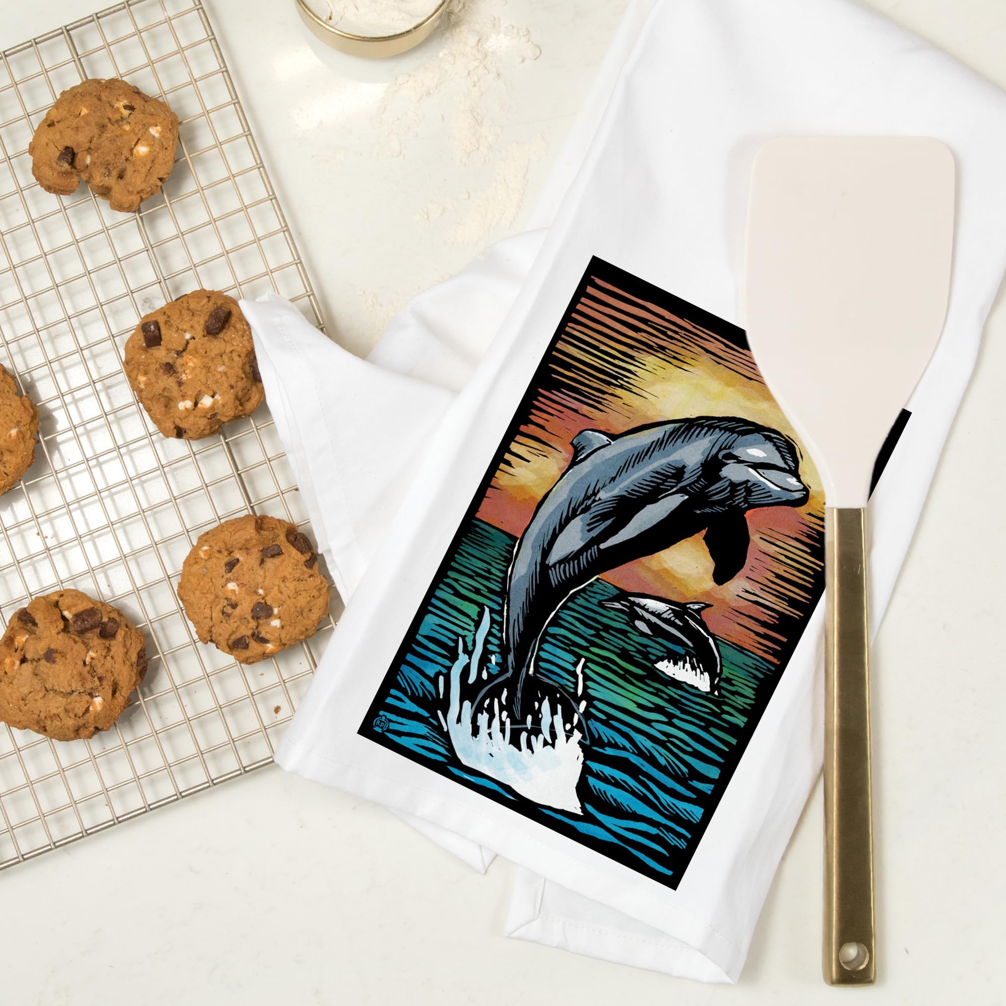 Dolphins Scratchboard Tea Towel - 100% Cotton Decorative Hand Towel for Kitchen & Home | Perfect for Dish Drying, Gift Giving & Coastal Decor