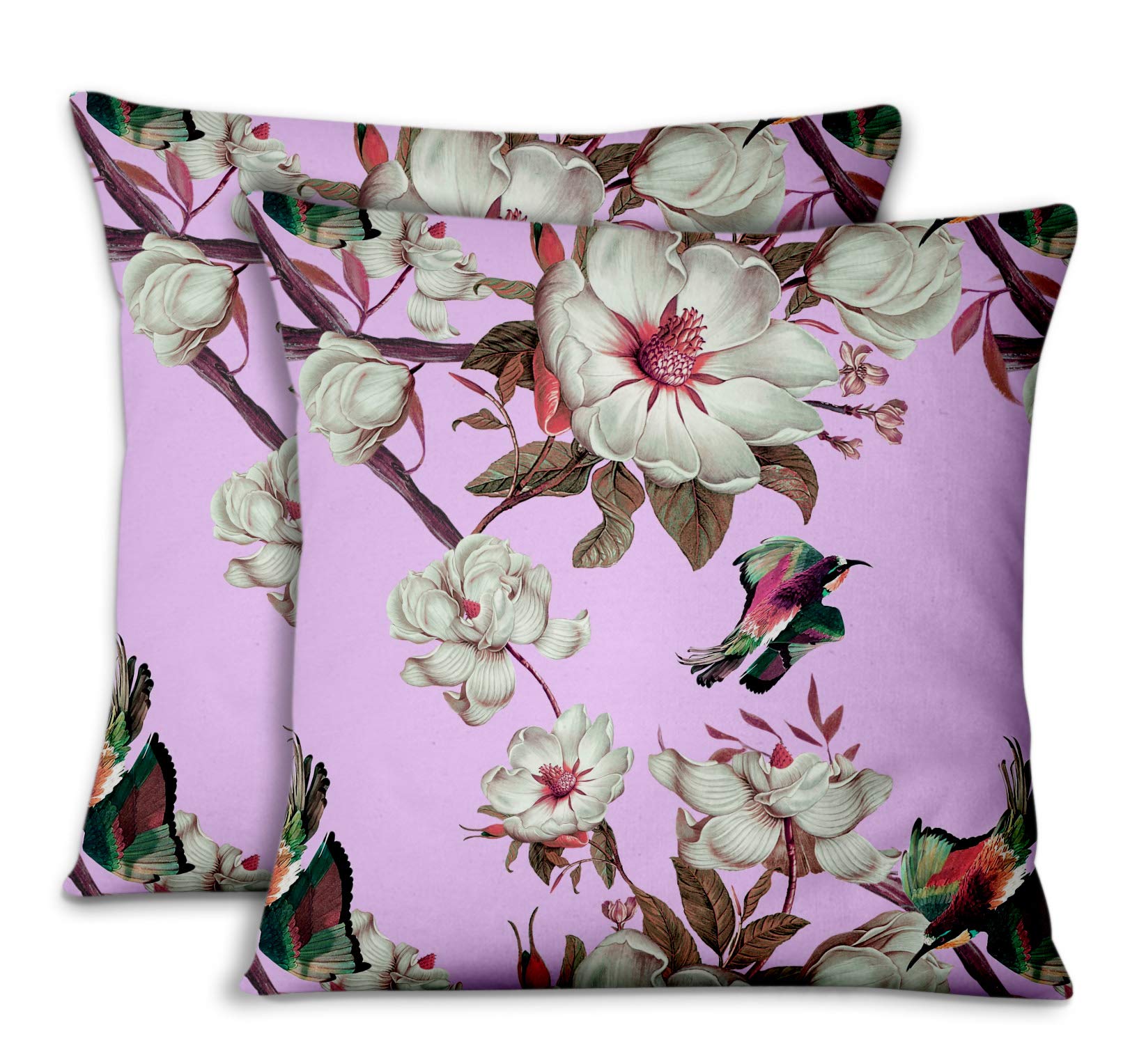S4Sassy Purple Cotton Poplin Floral & Bird Decorative Throw Pillow Covers (2 Pack) - 18x18 Inch Sofa Bed Cushion Cases - Perfect for Living Room, Bedroom & Home Decor