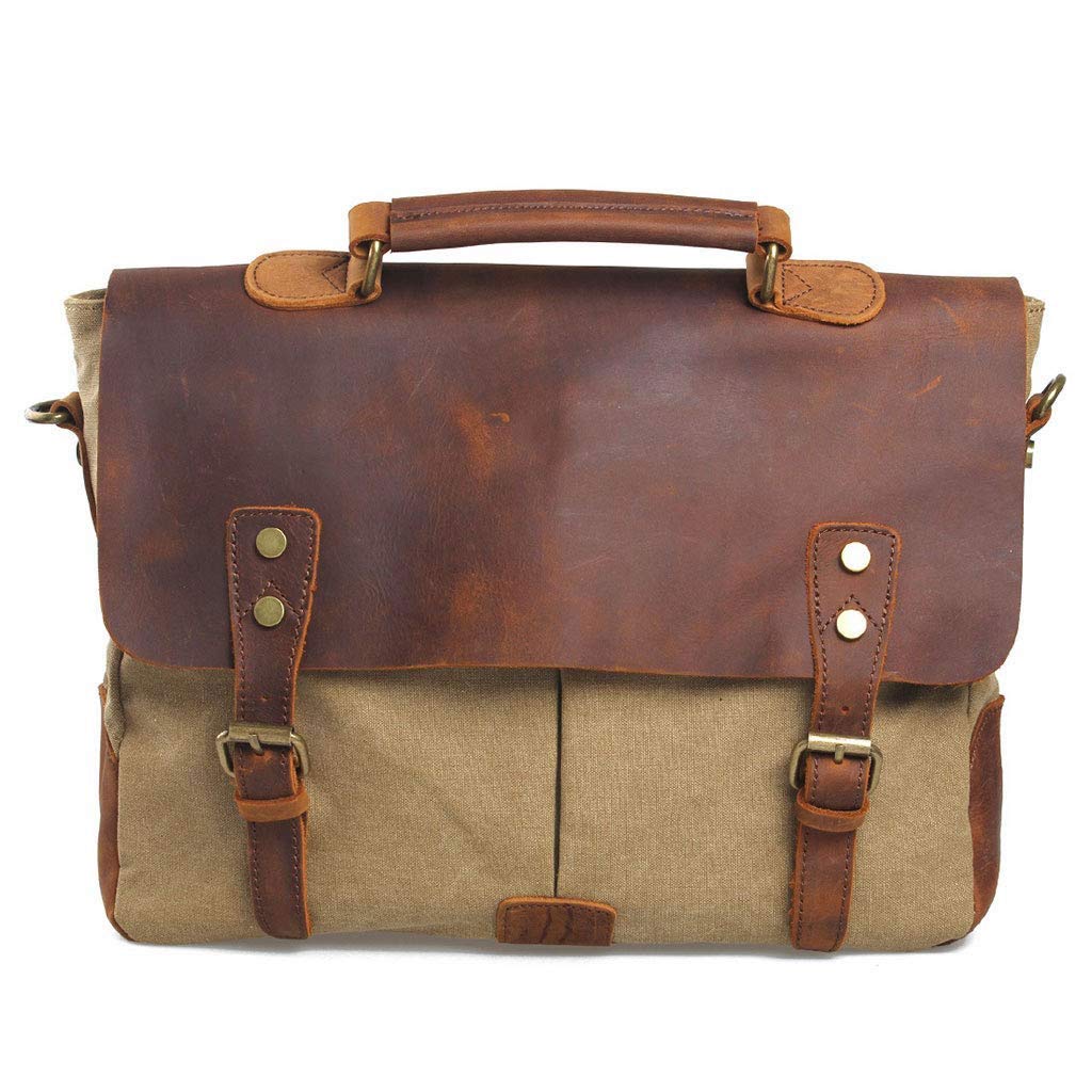 Premium Khaki Business Briefcase - Durable Canvas & Leather Laptop Shoulder Bag for Men & Women - Stylish Office Work Commuter Travel Bag for Professionals & Students