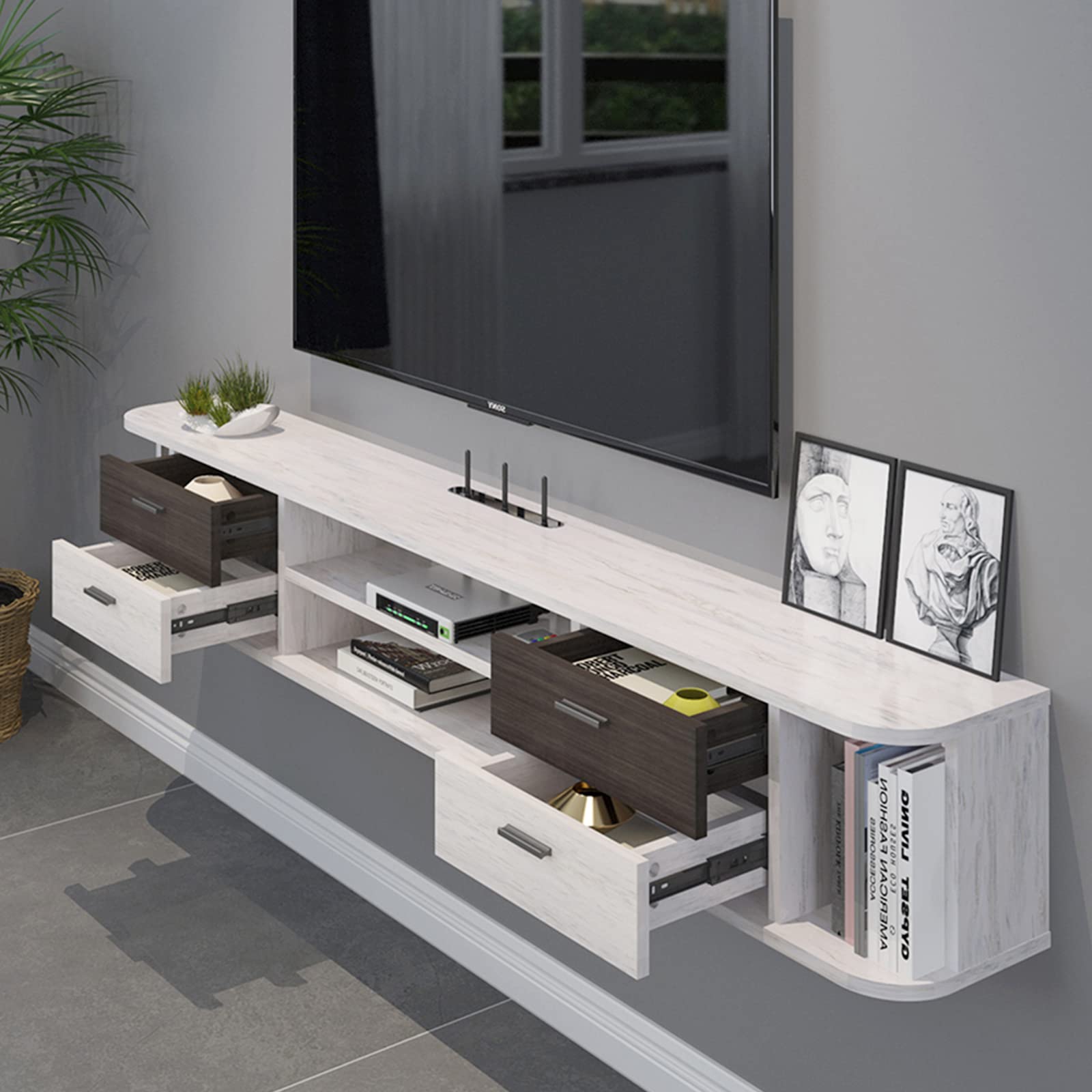 Pmnianhua 66'' Floating TV Stand with 4 Drawers - Wall Mounted Media Console & Entertainment Shelf Under TV - Modern TV Cabinet with Storage for Bedroom & Living Room (Greyish-White) - Perfect for Small Spaces & Home Theater Setup