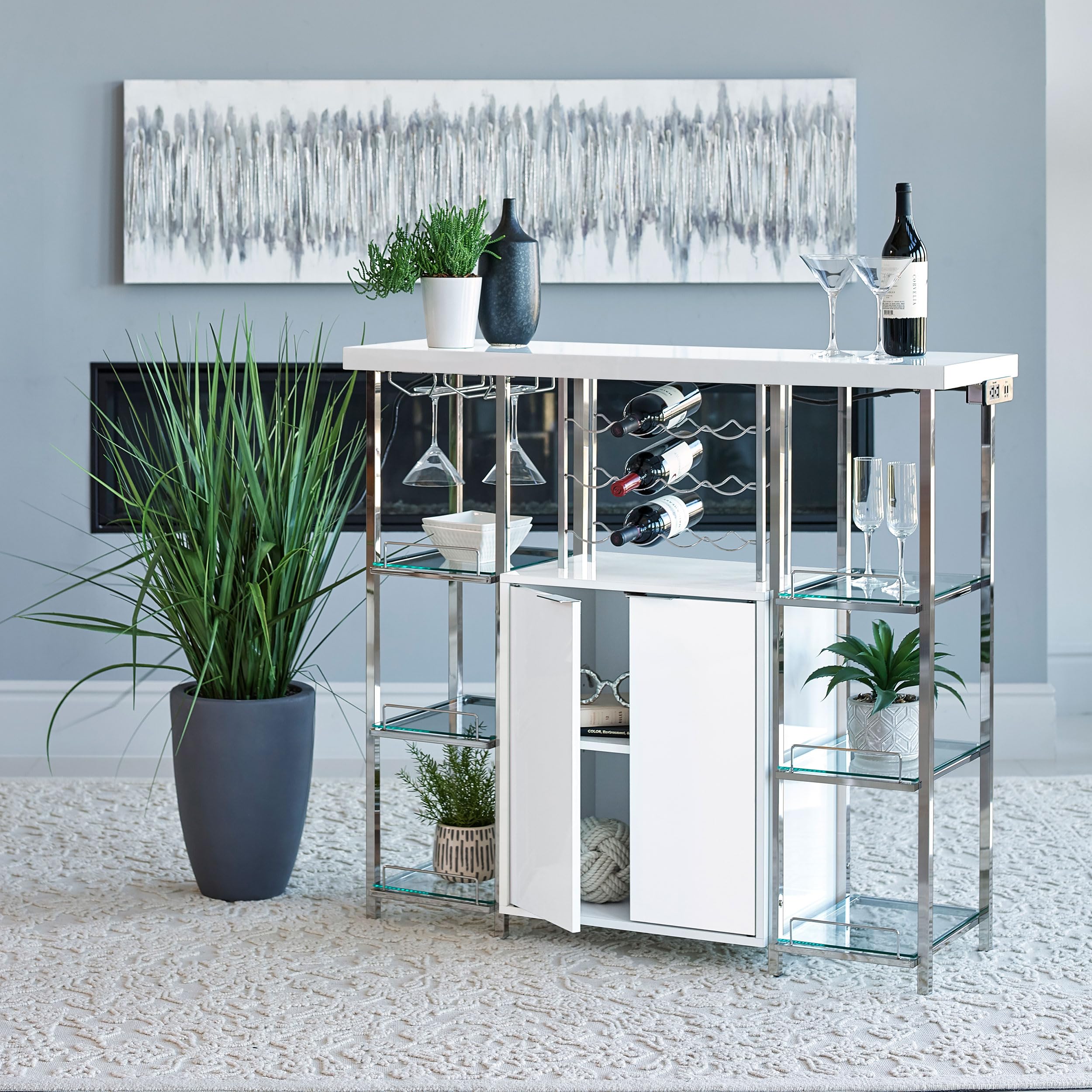 Gallimore 2-Door Bar Cabinet with Glass Shelf - High Gloss White & Chrome Finish - Modern Home Bar Furniture for Living Room, Dining Room or Home Office