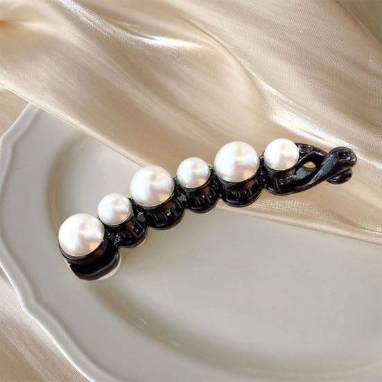 2 PCS Pearl Hair Clips - Banana Clips & Ponytail Holders for Women & Girls | Rhinestone Barrettes for Thick & Fine Hair | Elegant French Hair Accessories for Weddings, Parties & Daily Use