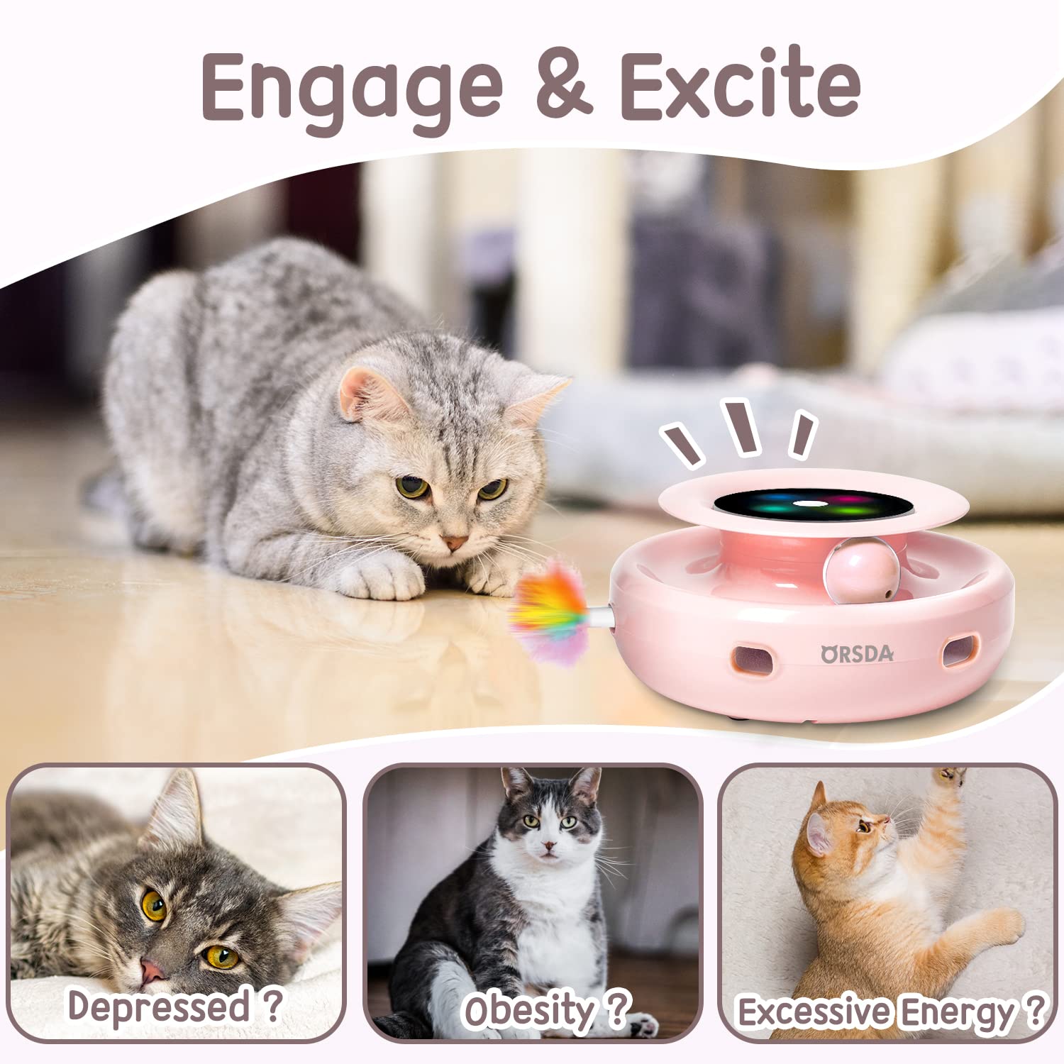ORSDA 2-in-1 Interactive Cat Toys for Indoor Cats - Automatic Rolling Ball & Ambush Feather Toy with 6 Attachments - Dual Power Supply & Auto On/Off (Upgraded Version) - Perfect for Playtime, Exercise & Bonding with Your Feline Friend